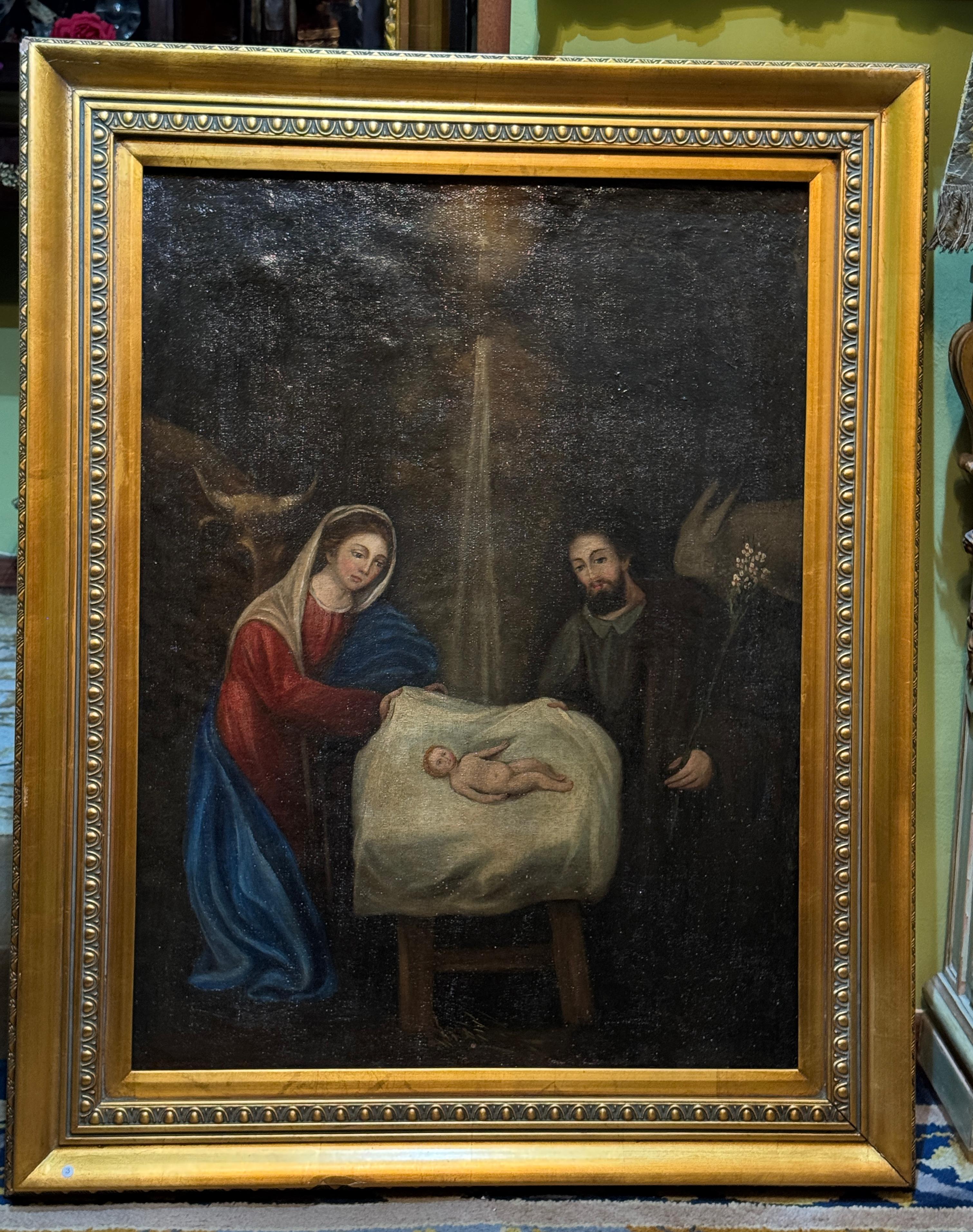 Öl auf Leinwand der Heiligen Familie mit dem Jesuskind, Spanische Schule, 18.-19. Jahrhundert

Mittelgroßes Ölgemälde auf Leinwand (ca. 60 cm), das die Jungfrau Maria und den heiligen Joseph darstellt, die das Jesuskind unter einem himmlischen