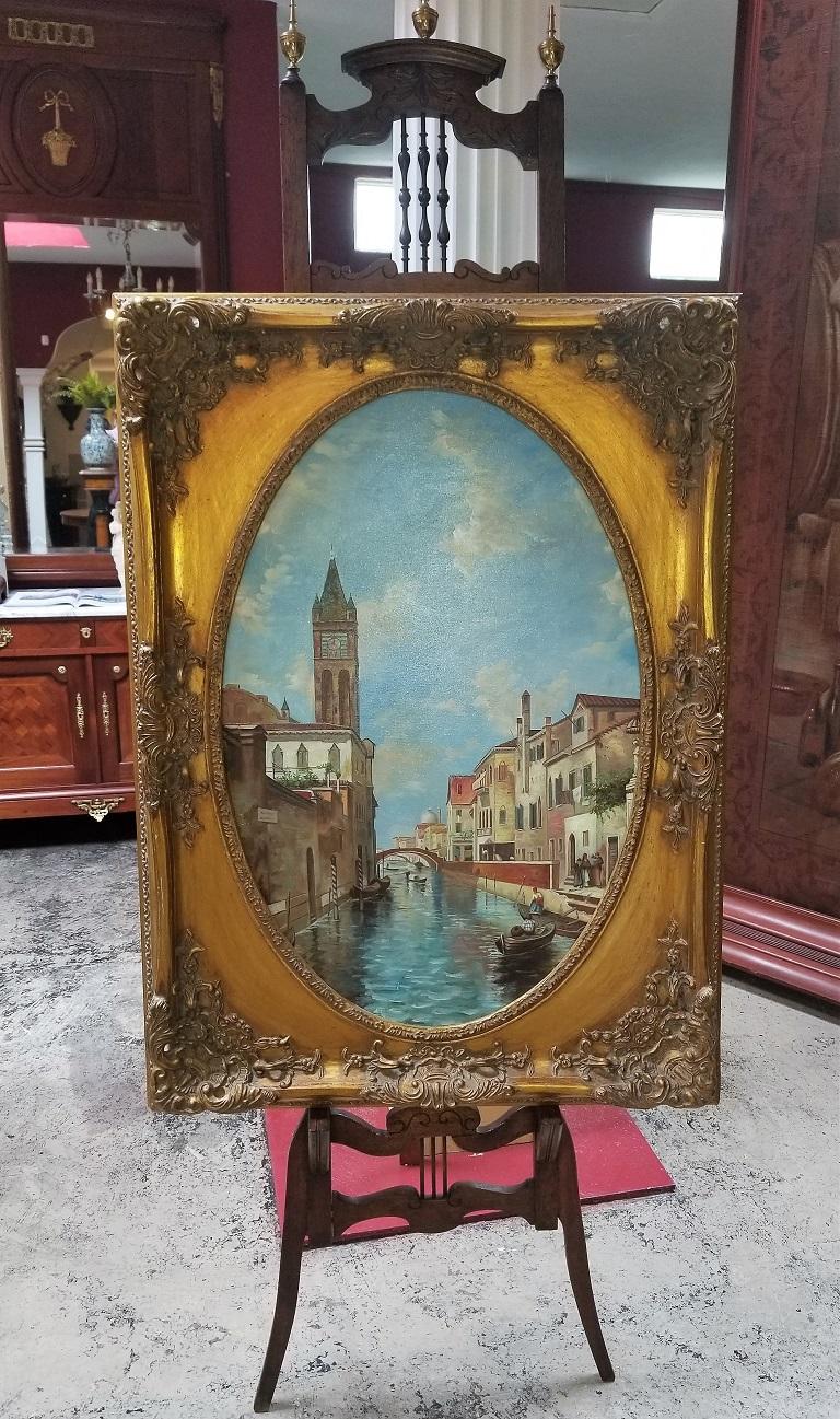 Country Oil on Canvas of Venetian Scene in Ornate Giltwood Frame