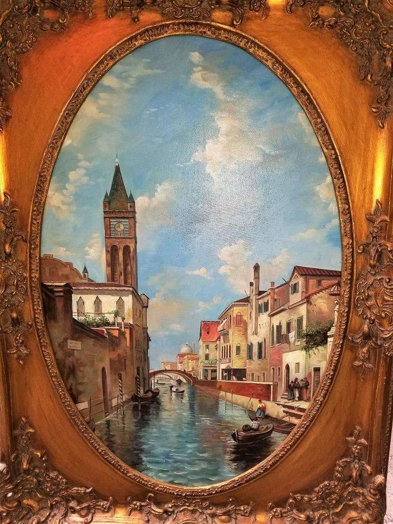 Italian Oil on Canvas of Venetian Scene in Ornate Giltwood Frame