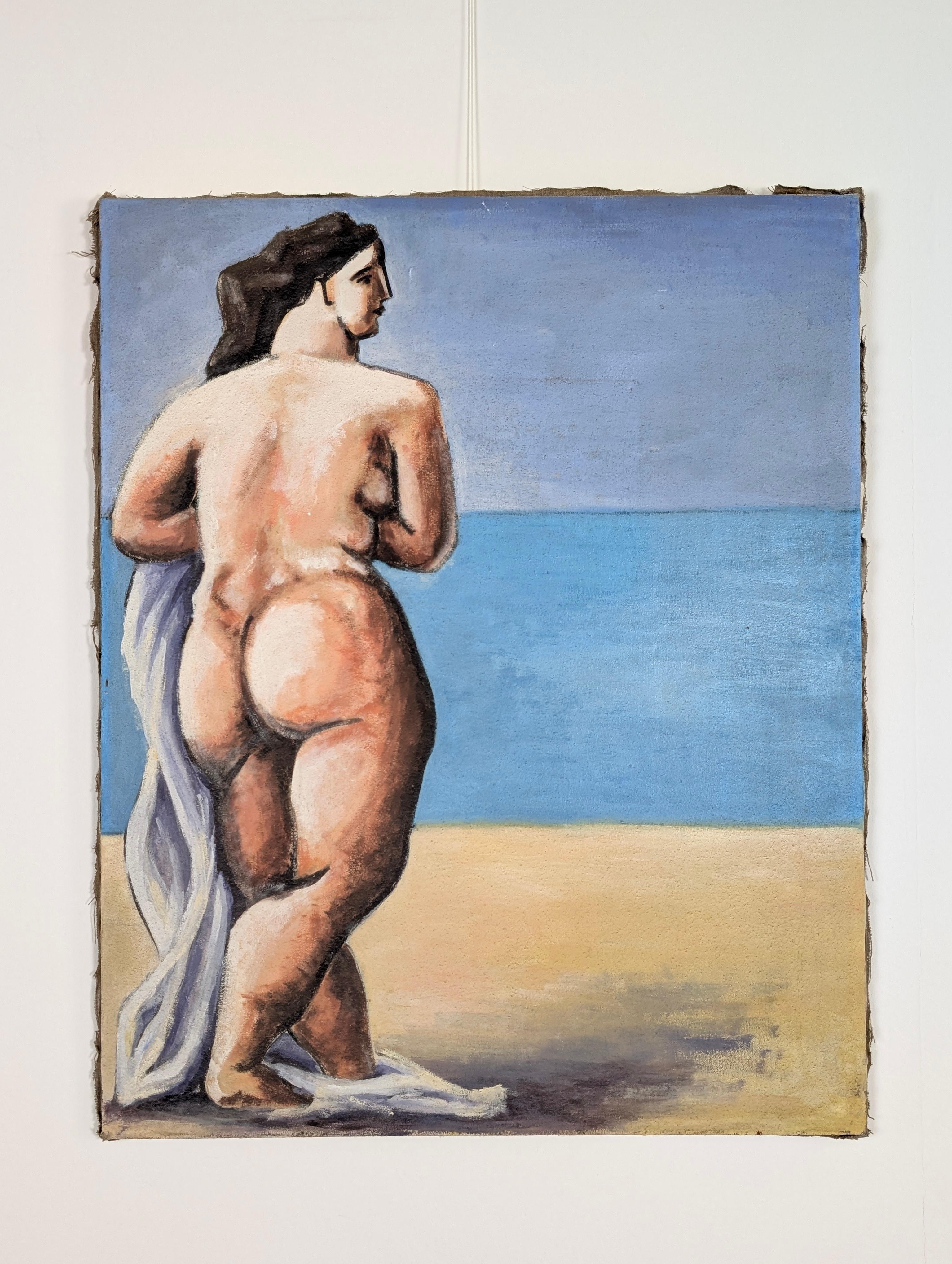 Huile sur toile de grand format représentant une femme assise à la plage, peinte dans des tons chauds avec des coups de pinceau amples et expressifs. Le style rappelle les scènes côtières de Picasso telles que 