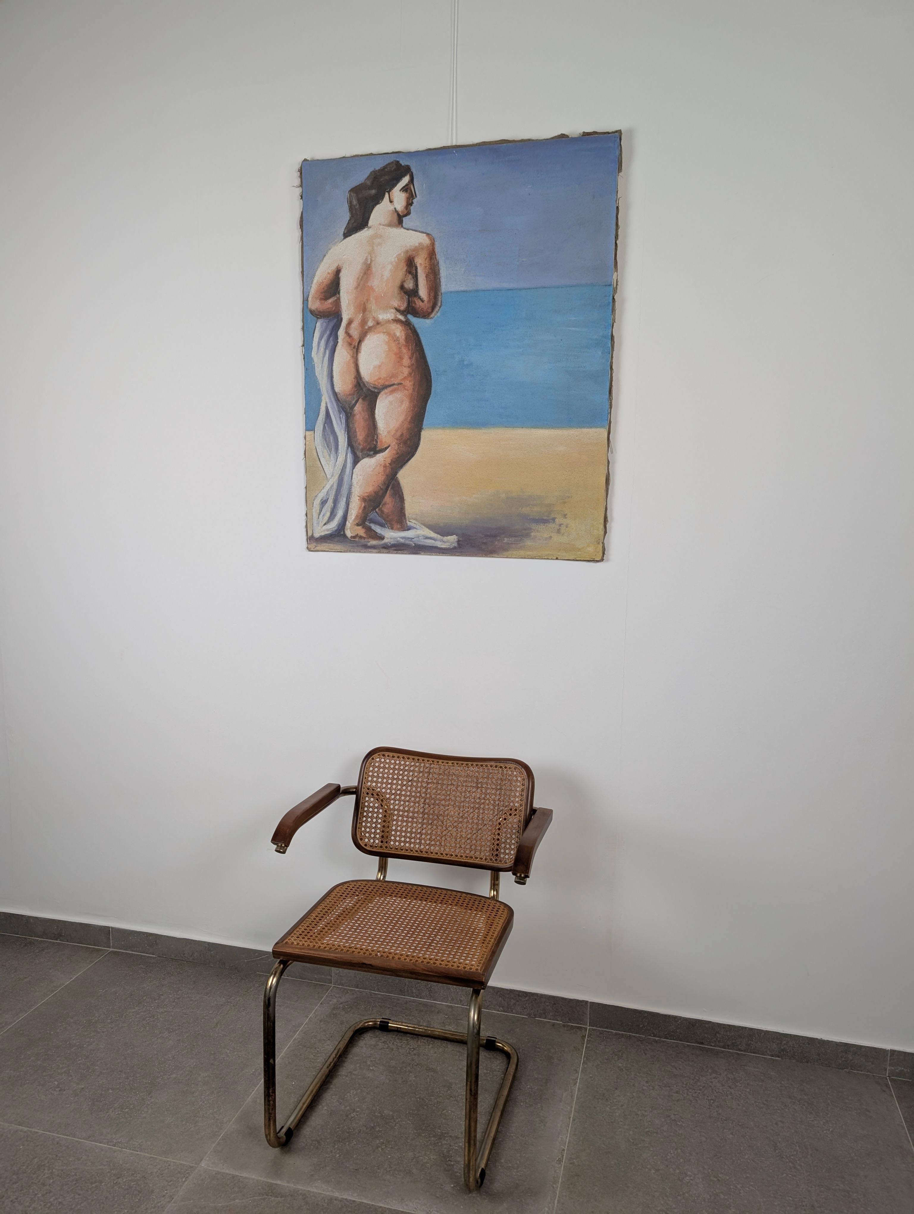 Peint à la main Huile sur toile d'une femme à la plage, 20e siècle en vente