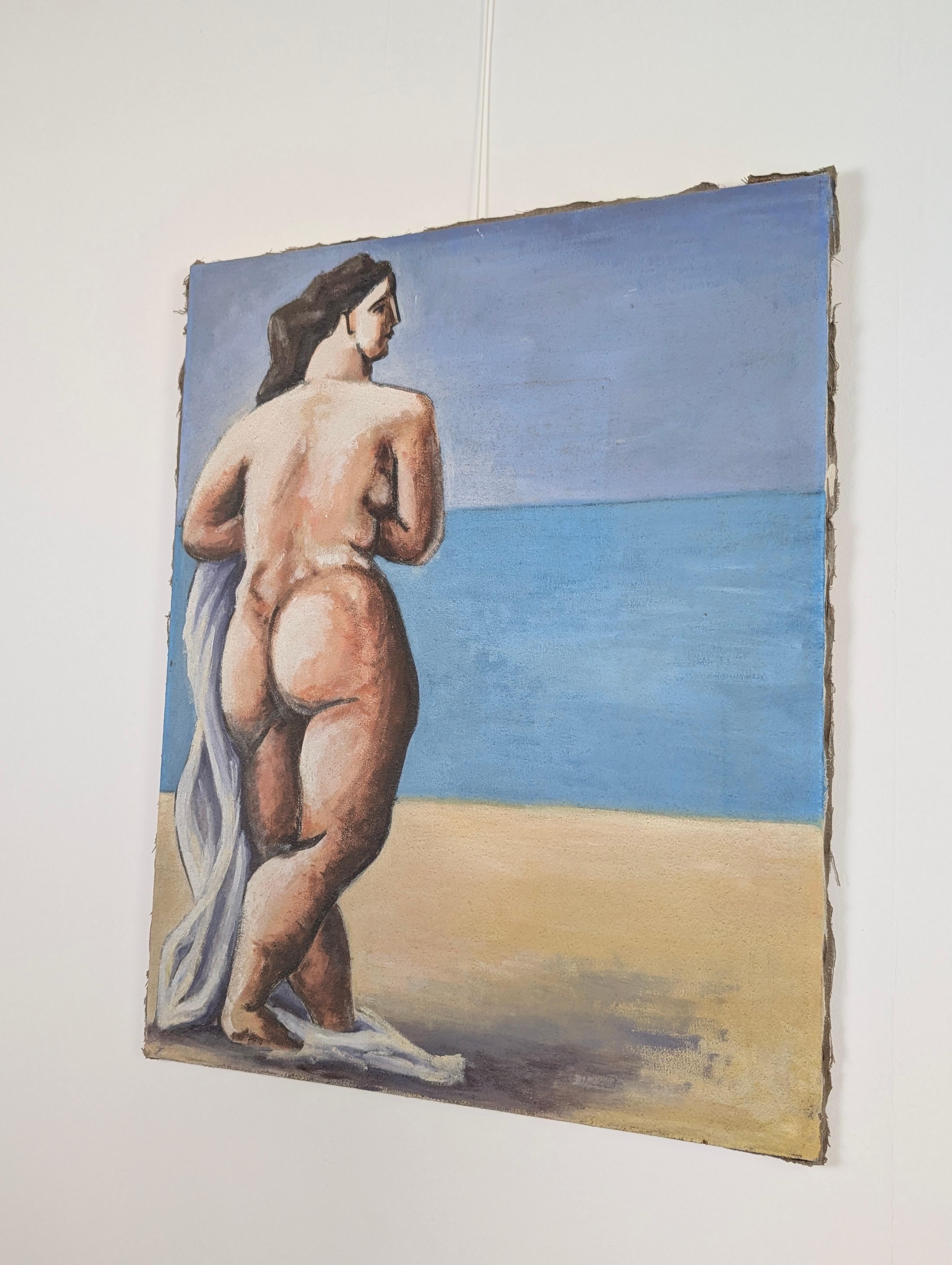 Huile sur toile d'une femme à la plage, 20e siècle Bon état - En vente à Benalmadena, ES