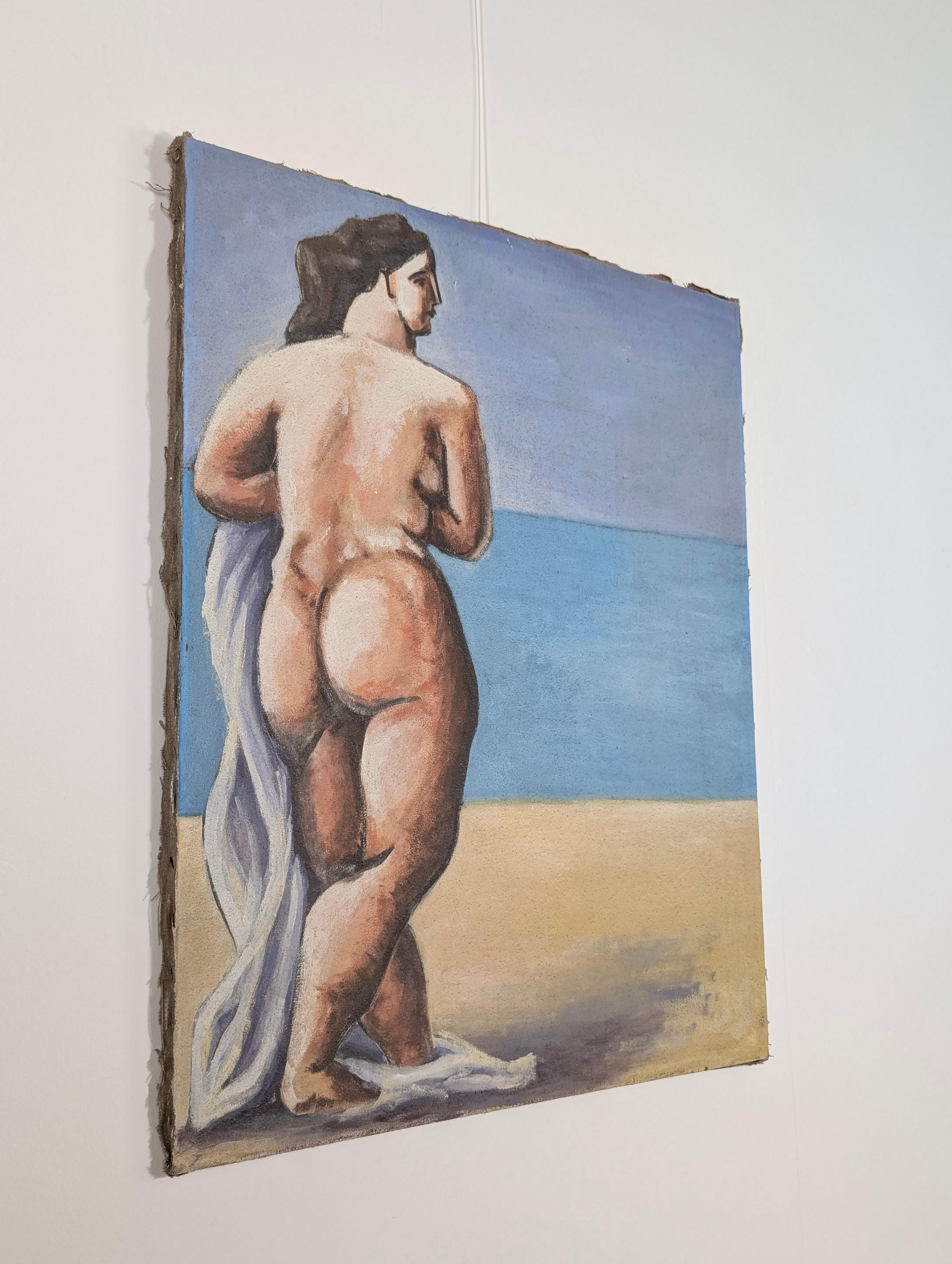 20ième siècle Huile sur toile d'une femme à la plage, 20e siècle en vente