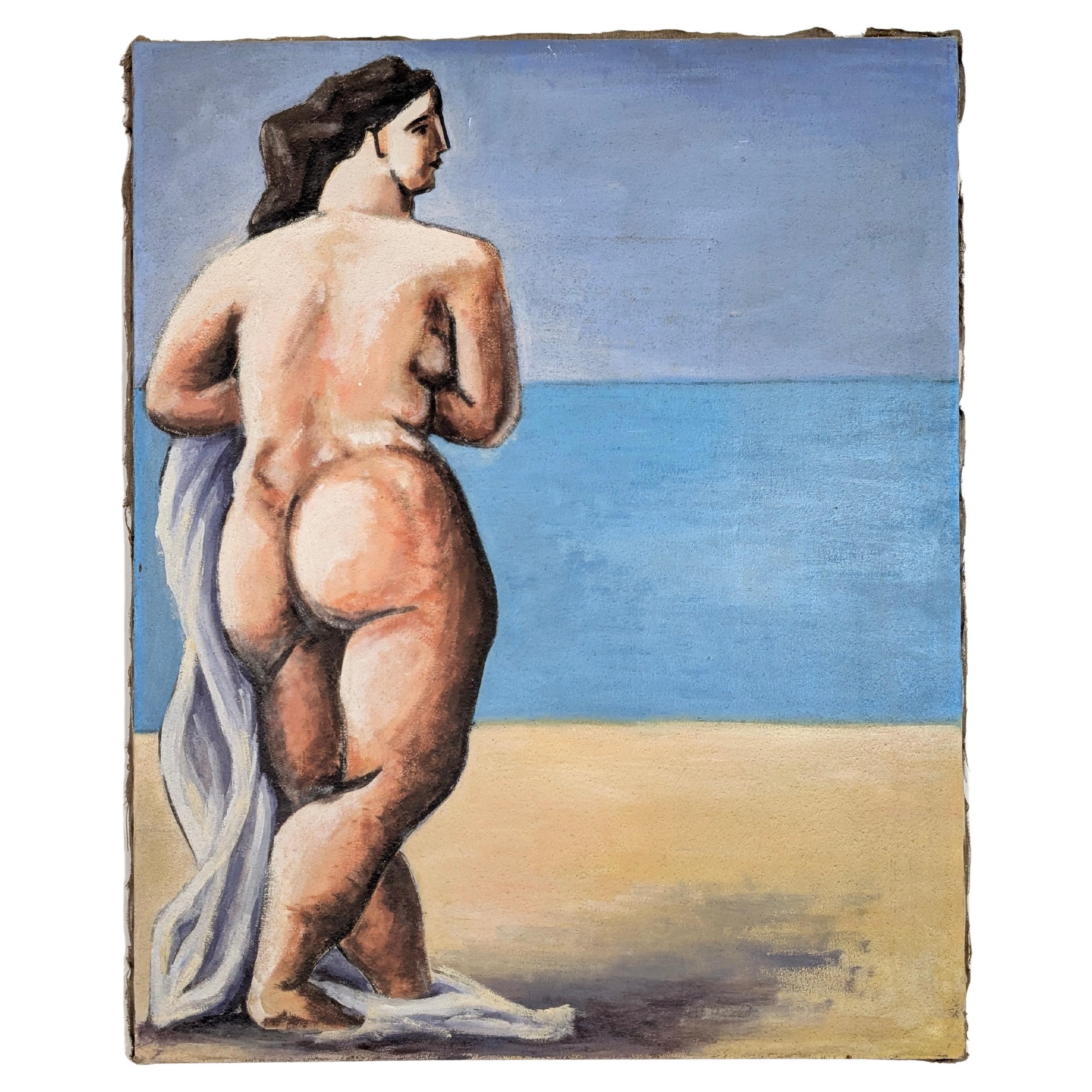 Huile sur toile d'une femme à la plage, 20e siècle