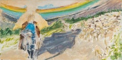 Oil on Canvas, Oil Painting, The Shepherd and His Sheep, Unsigned, 20th century.