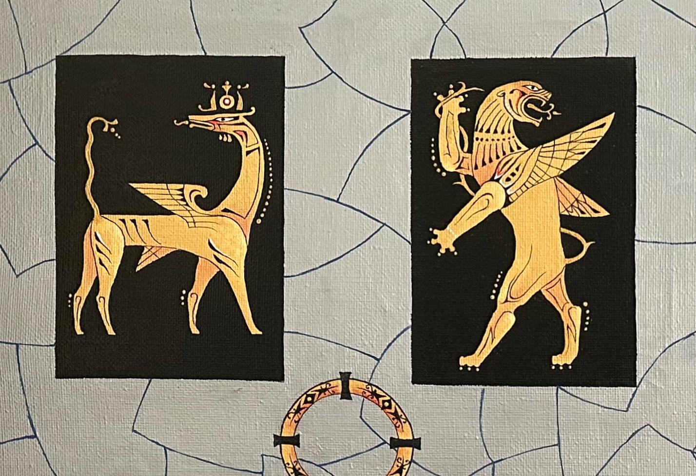 XXI secolo e contemporaneo Olio su tela, dipinto originale con foglia d'oro in legno, 