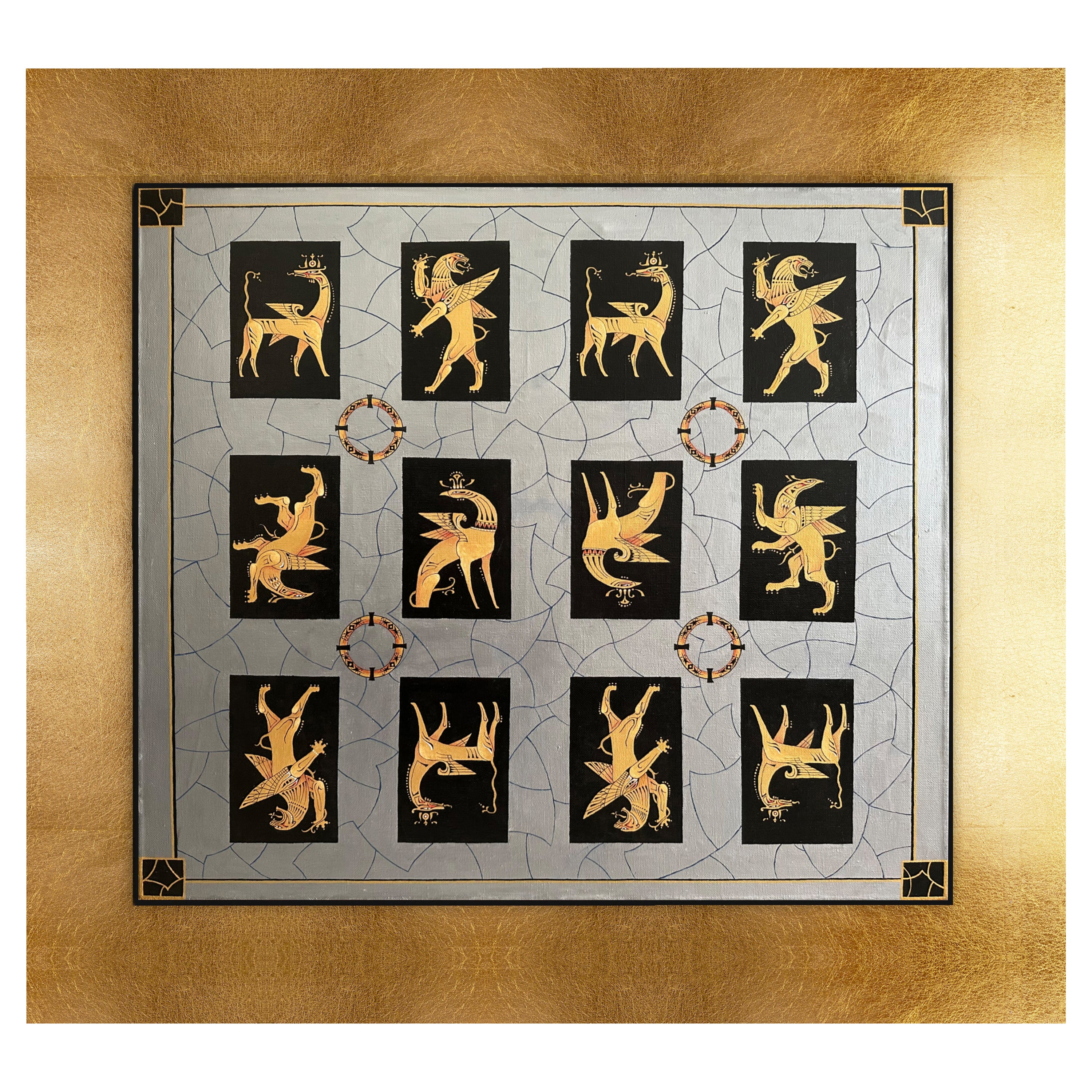 Öl auf Leinwand Originalgemälde in Holz mit Blattgold, „Goldene Griffine“, Öl