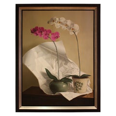 Öl auf Leinwand Gemälde 2013 signiert Orchideen mit Papier