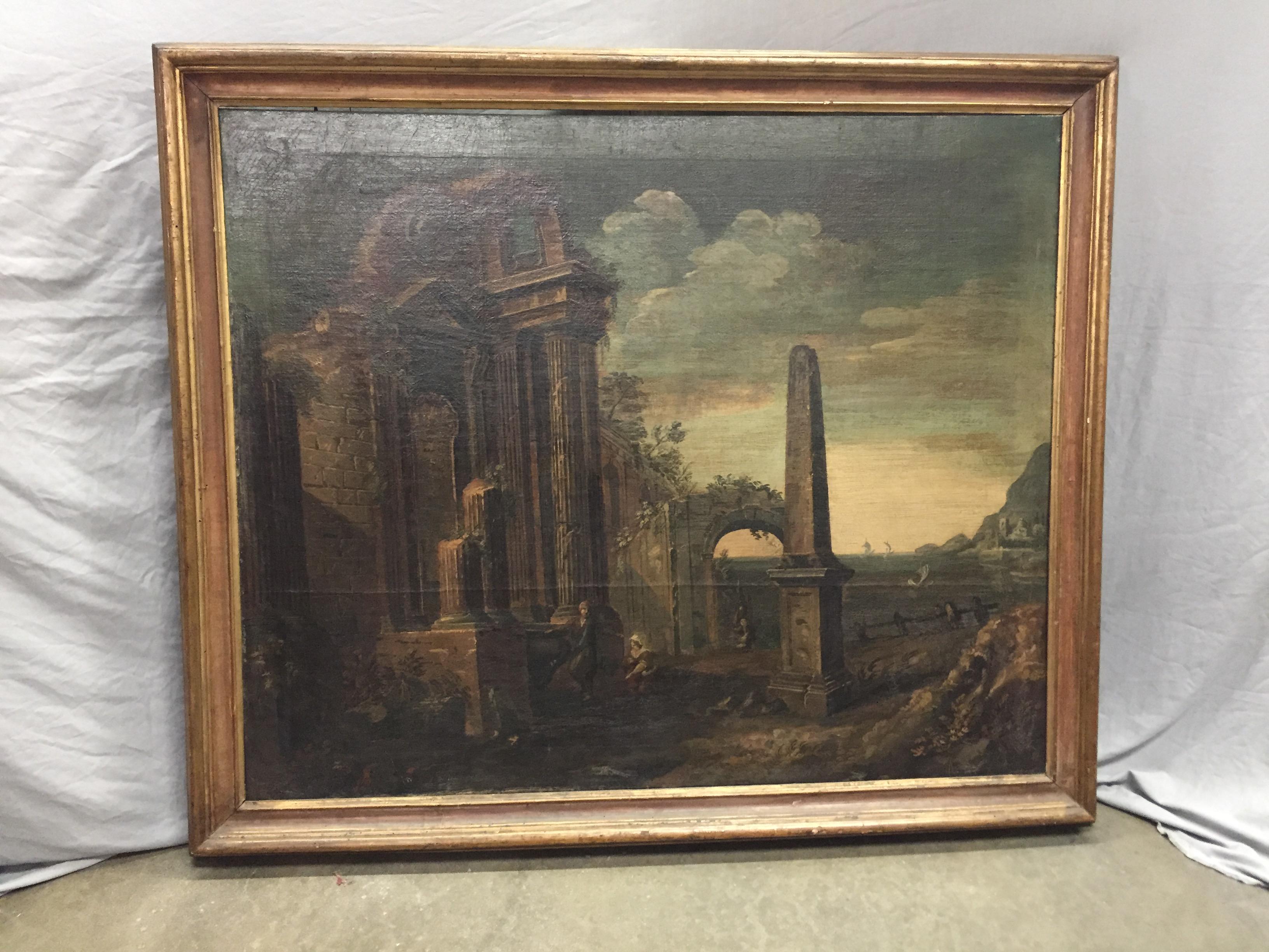 Oil on canvas of Roman ruins and a large obelisk on a lush landscape with various Classical figures. A mountain landscape off to the distance with a sunset sky. 
Late 17th-early 18th century.
In gilt frame. 

Meticulous attention was used to