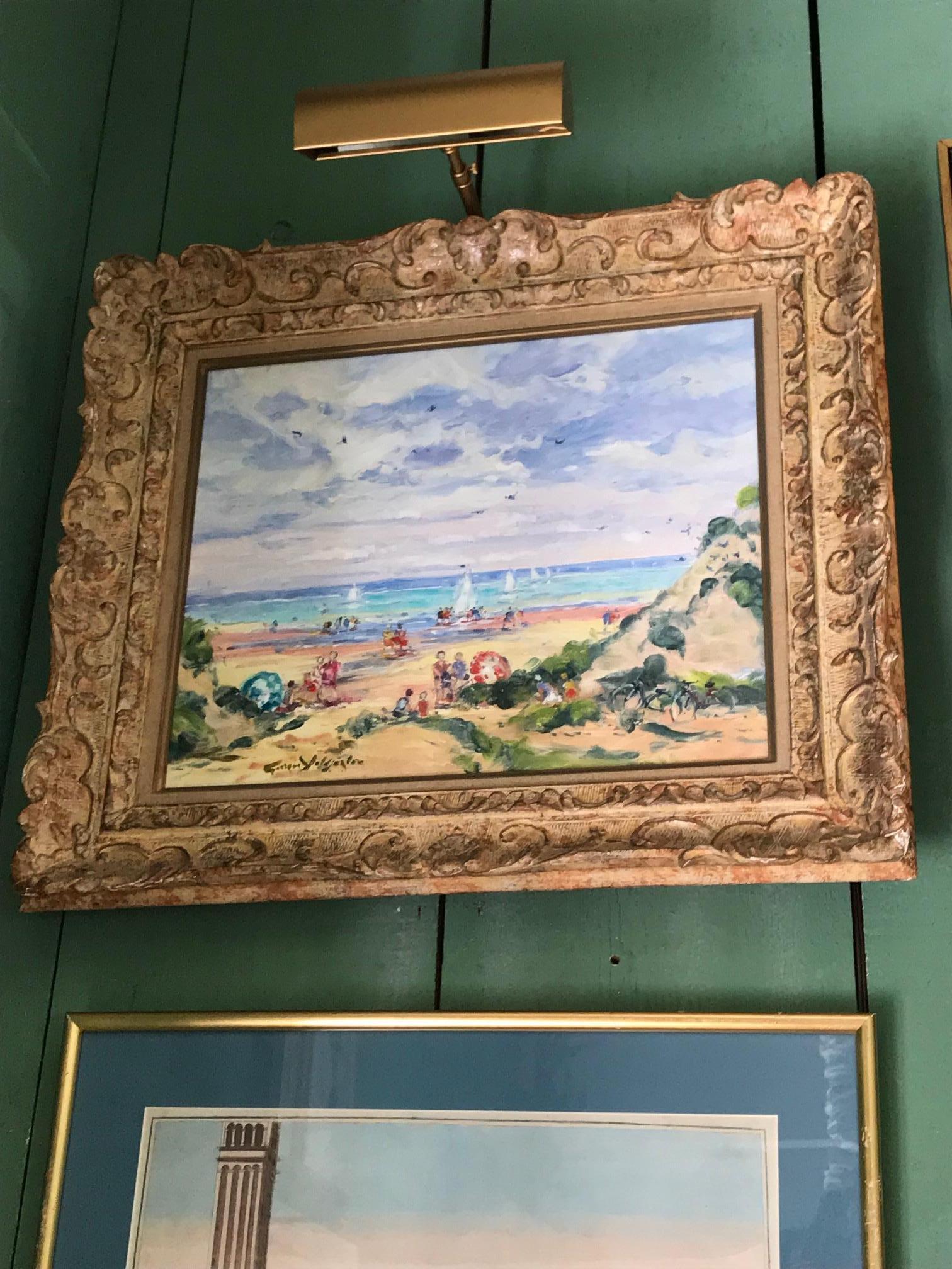 Huile sur toile du 20e siècle, paysage de plage et de mer, artiste grec né à Paris, galerie de Los Angeles 
George Yoldjoglou huile sur toile scène de plage animée H : 22