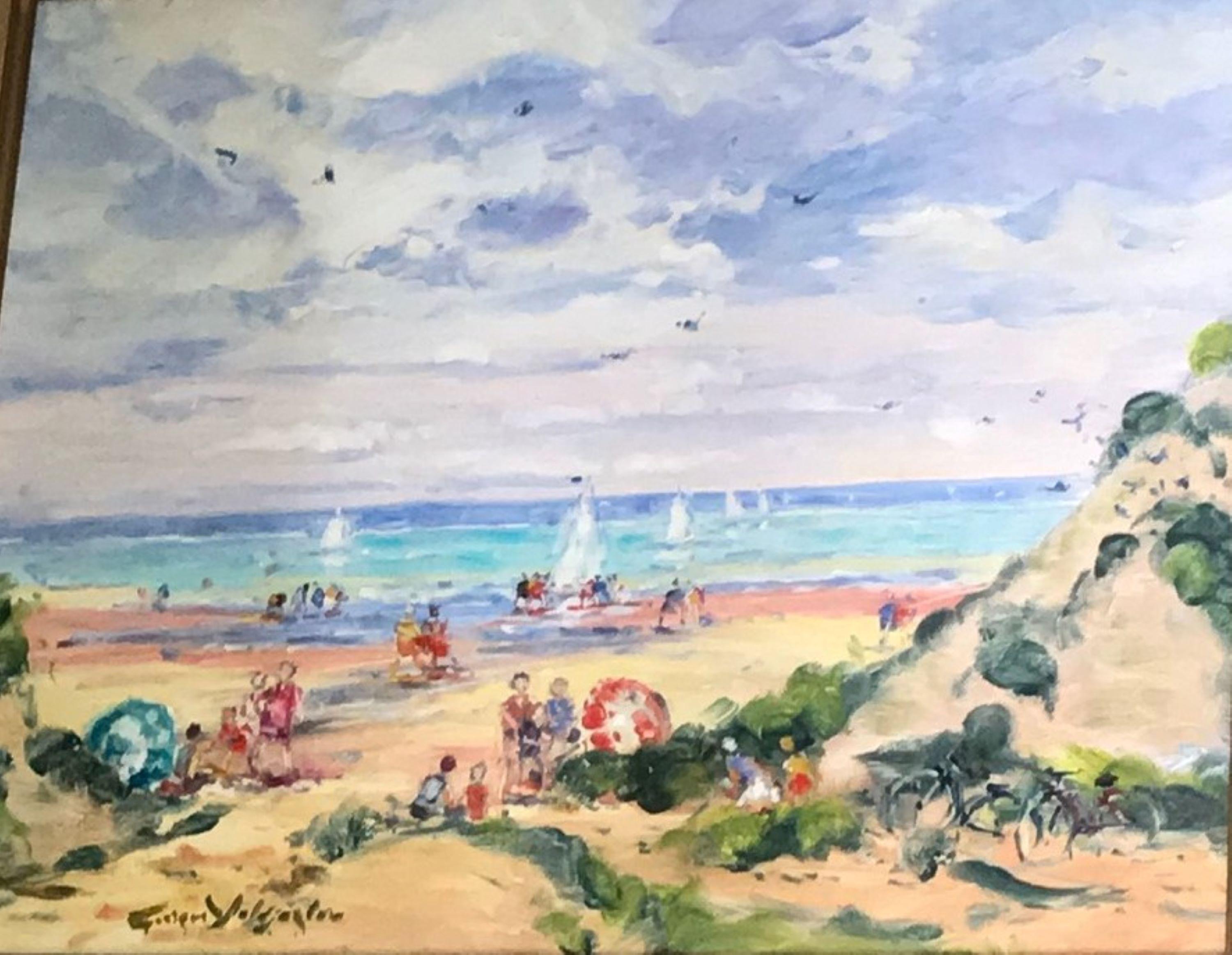 Öl auf Leinwand Gemälde 20. Jh. Strand Seelandschaft Griechischer Künstler Geboren Paris LA Galerie  (Französisch) im Angebot