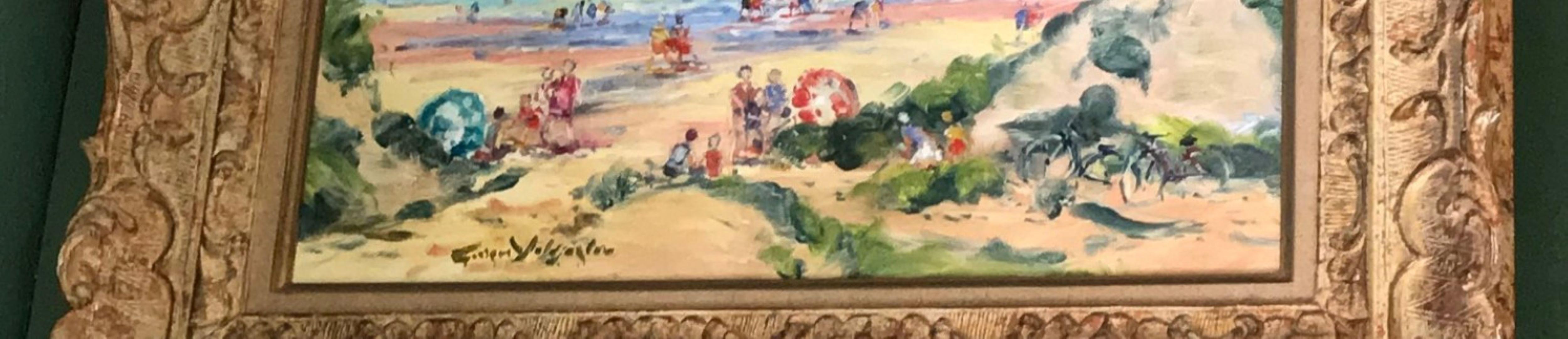 Peint à la main Huile sur toile du 20e siècle, paysage de plage et de mer, artiste grec né à Paris, galerie de Los Angeles  en vente