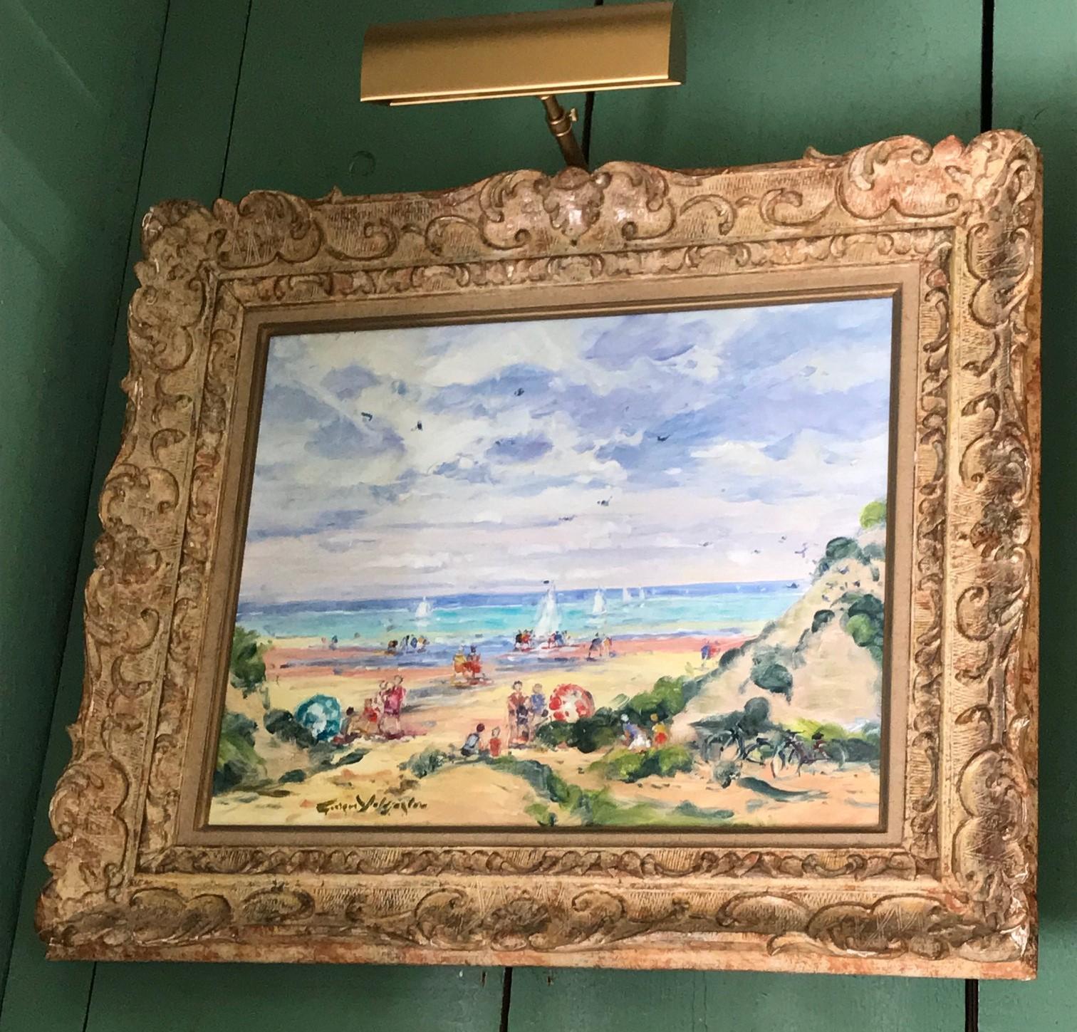 French Oil on Canvas Painting 20th C Beach Seascape Greek Artist Born Paris LA gallery 