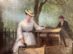 Oil on Canvas Painting "A Drink at the Well"  by Thomas Hicks 19th Century