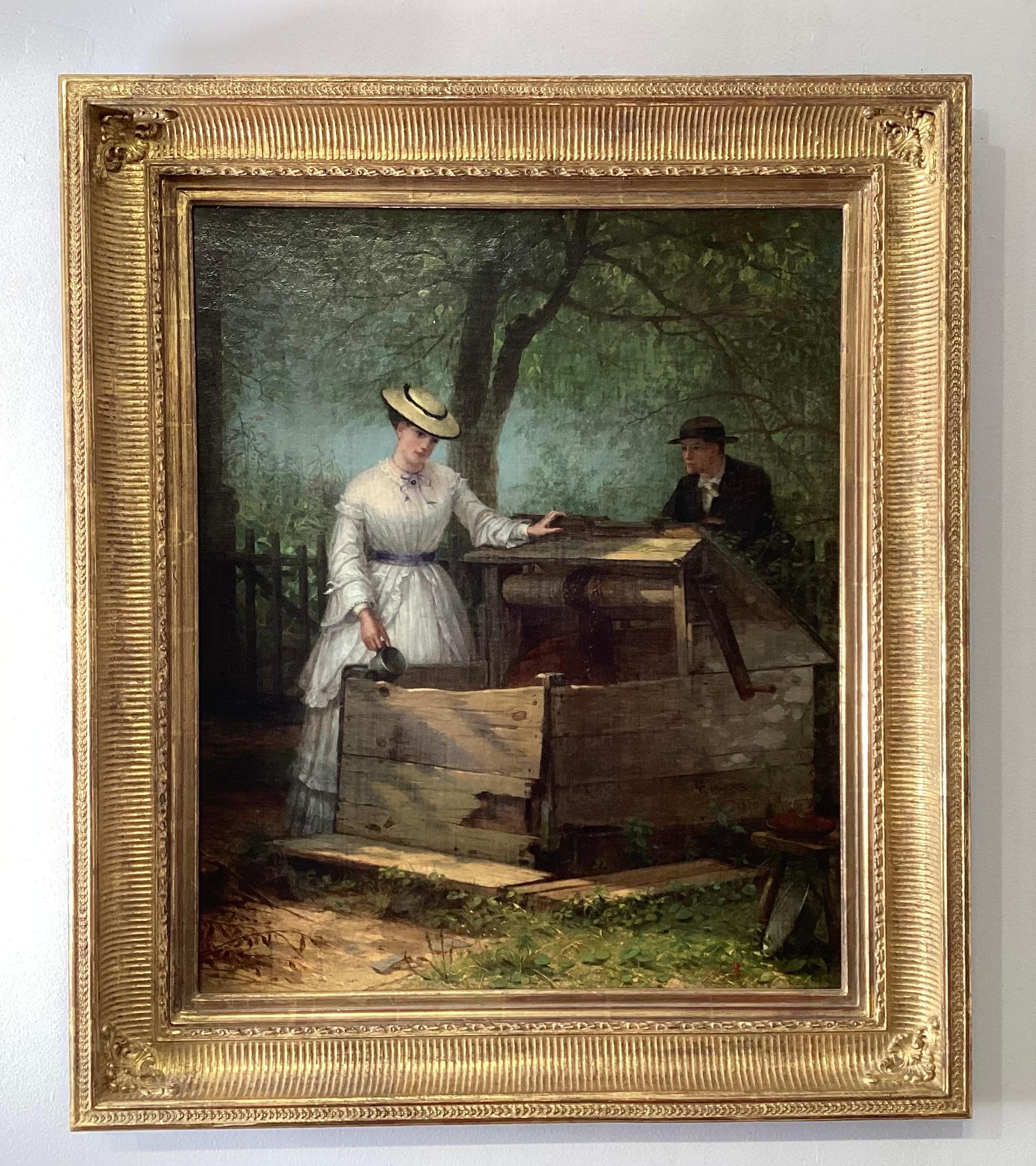 Öl auf Leinwand Gemälde „Ein Getränk im Brunnen“ Gemälde  Thomas Hicks, 19. Jahrhundert (Viktorianisch) im Angebot