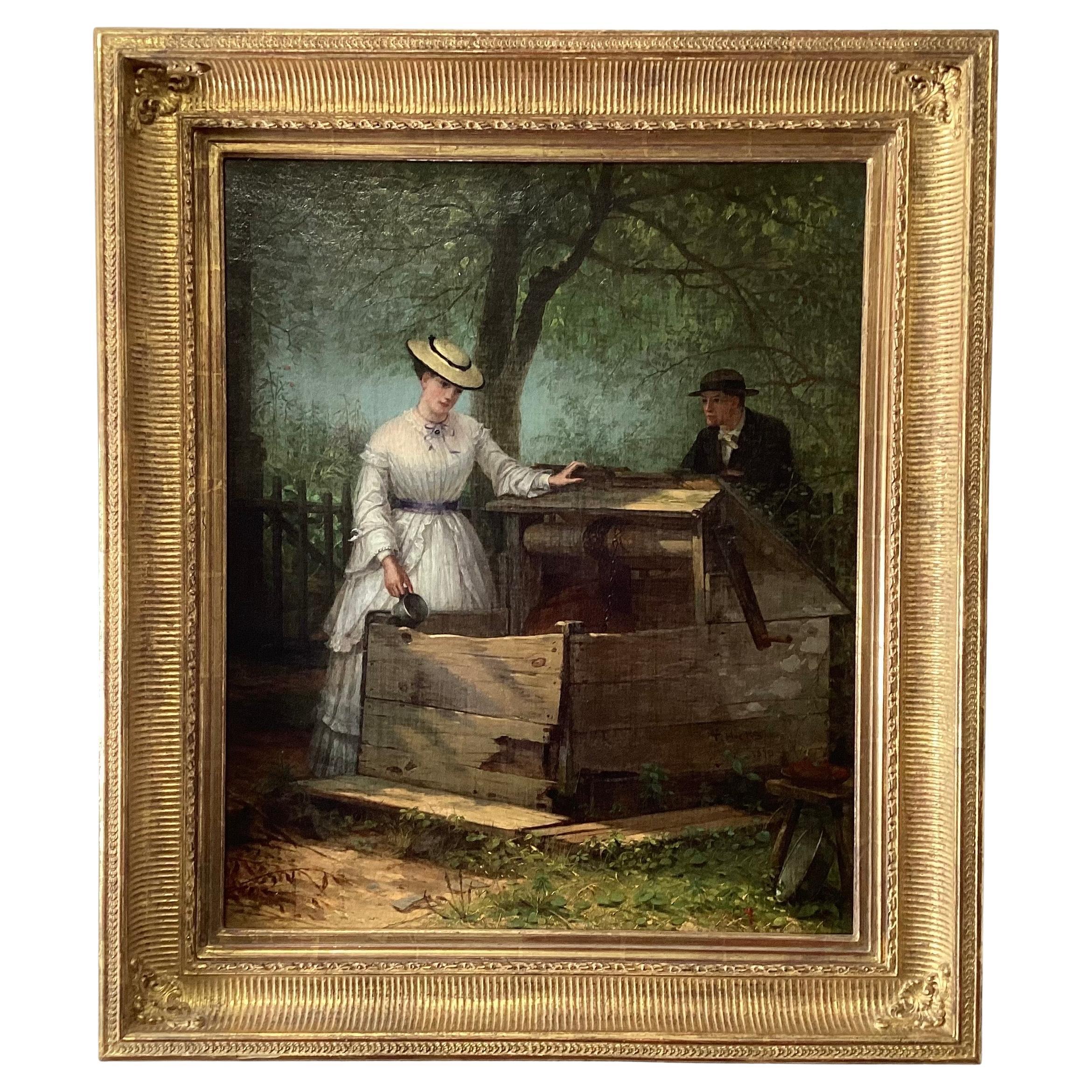 Pittura olio su tela "Una bevanda al pozzo"  di Thomas Hicks XIX secolo