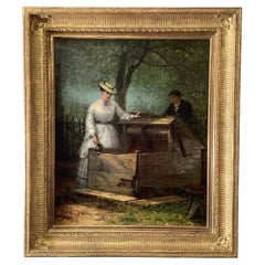 Pittura olio su tela "Una bevanda al pozzo"  di Thomas Hicks XIX secolo