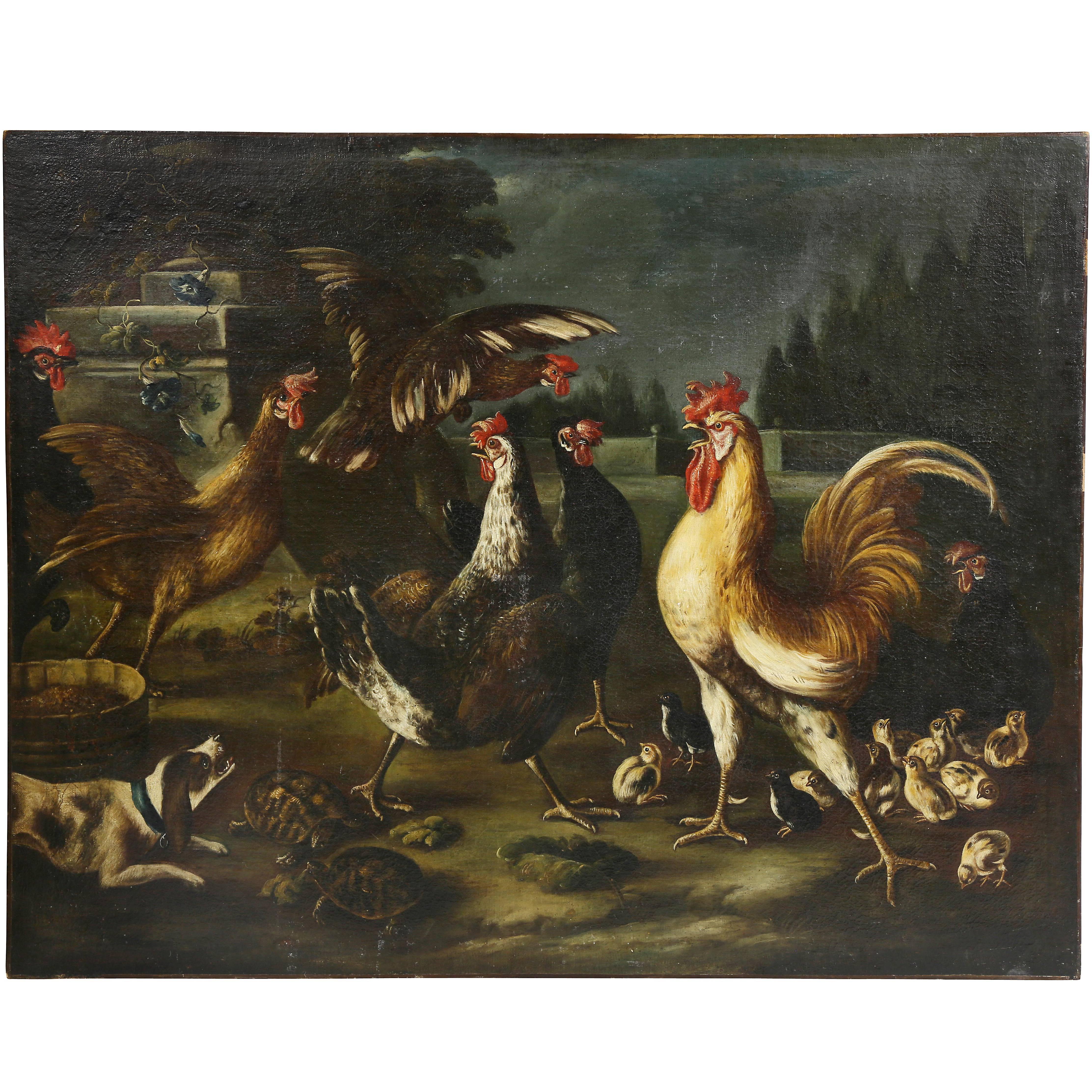 Beautifully rendered with a prominent rooster, hens and chicks, also turtles and a dog in an architectural landscape.