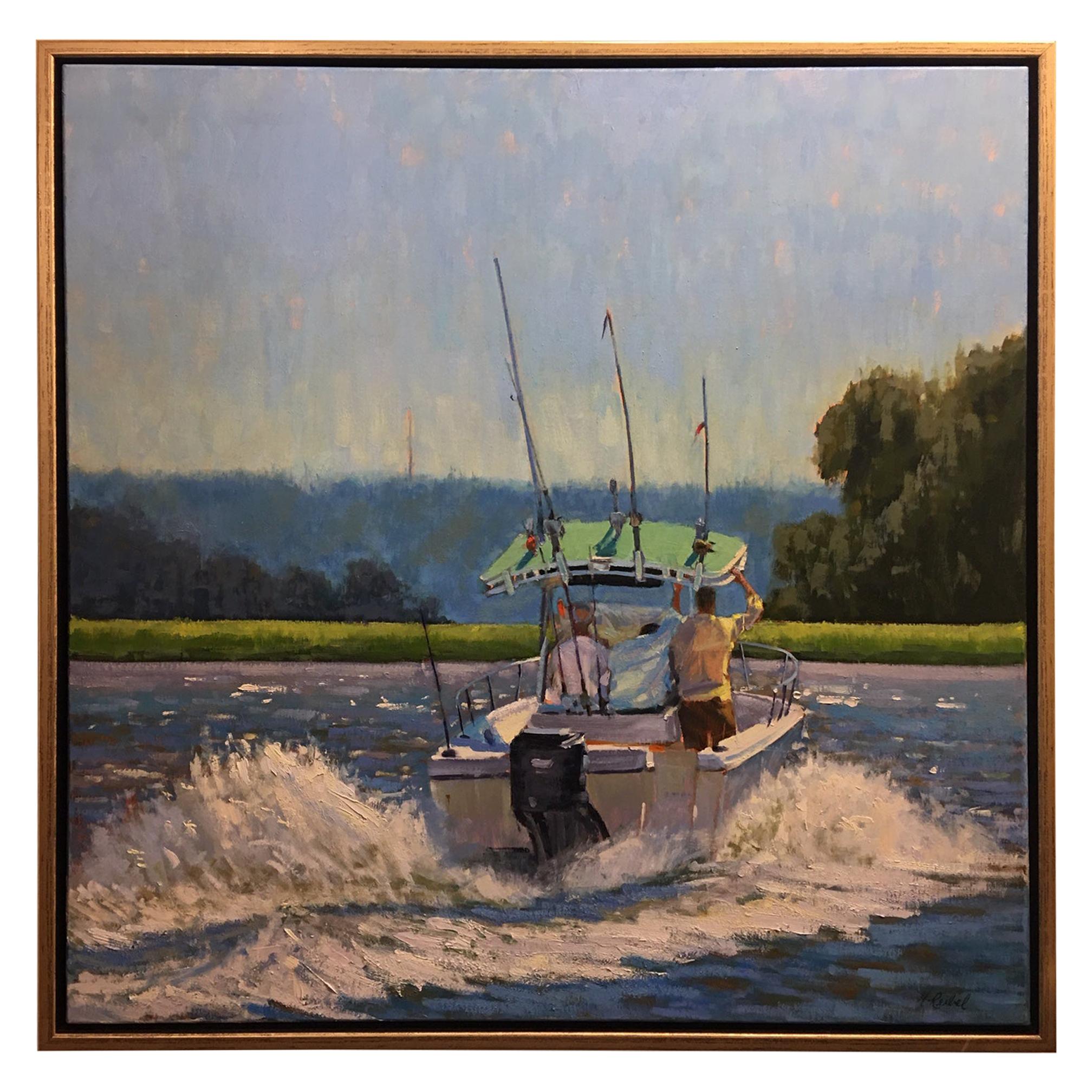 Oil on Canvas Painting "Boys Day Out", Boating Scene, Michael Reibel