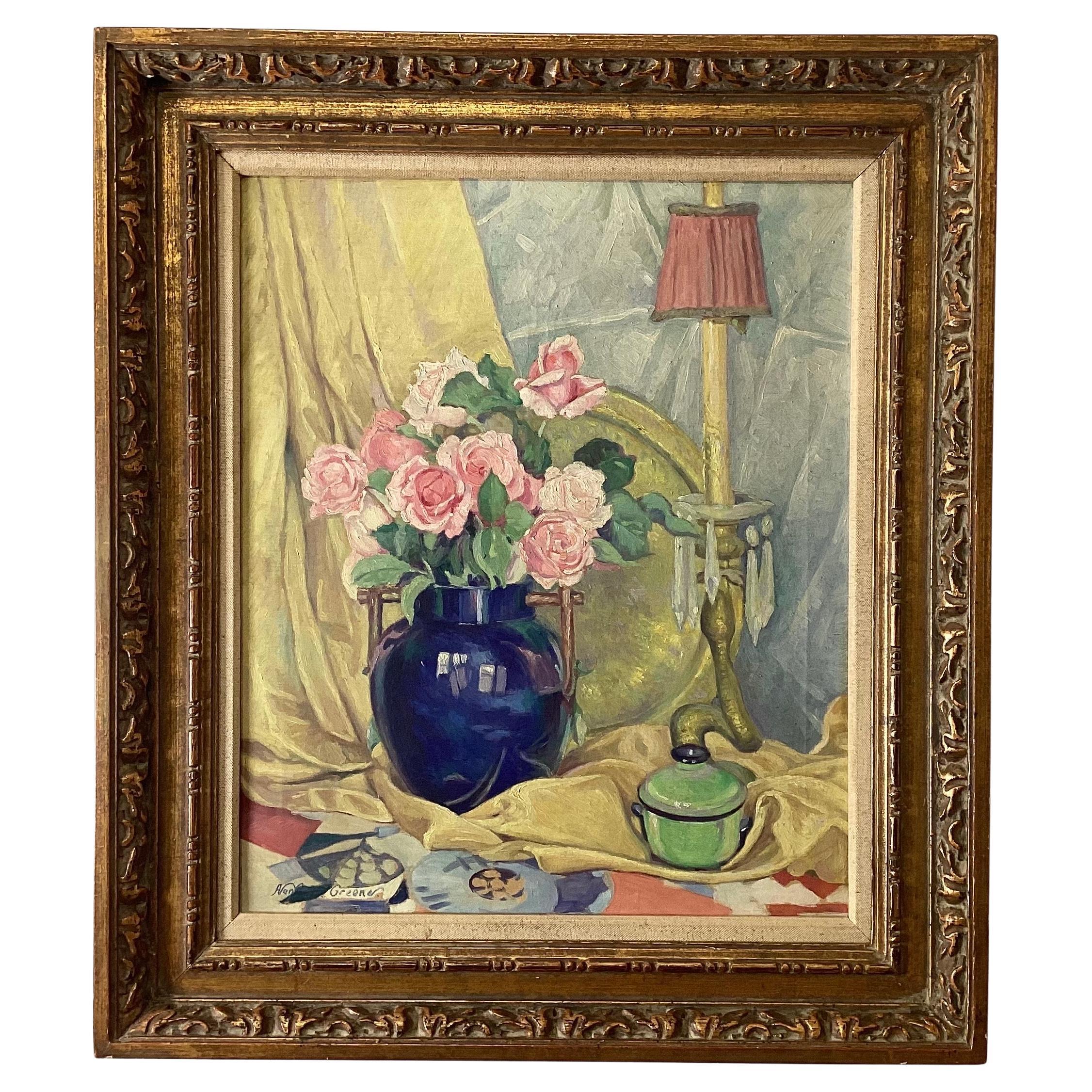 Óleo sobre lienzo de Albert Van Nesse Greene (1887-1971) "Rosas rosas" en venta