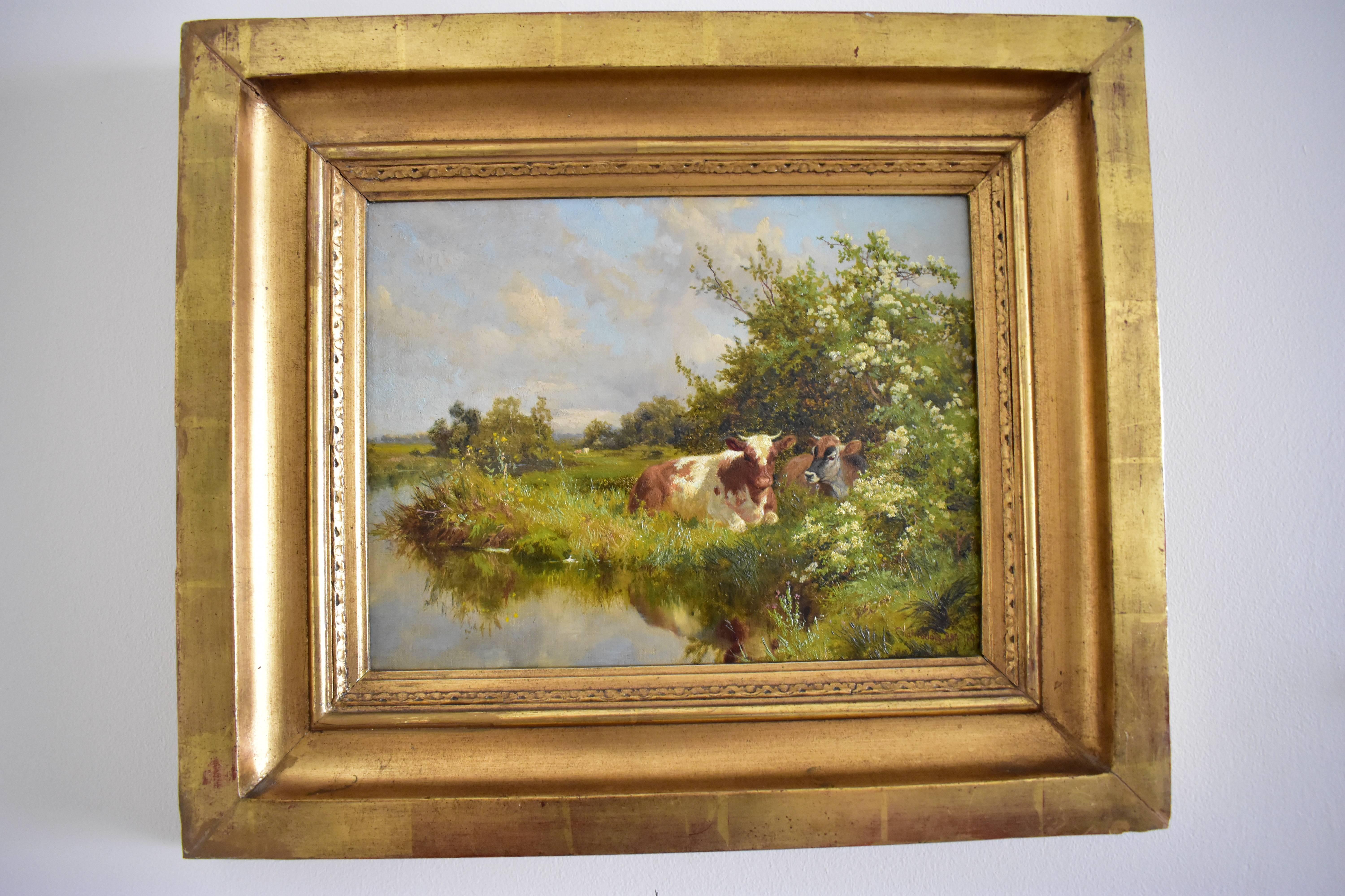 A detailed and fine oil on canvas painting of a cows resting by a stream in the sun. By Charles Collins, 1897 signed and dated. Set in a gold guilt frame.