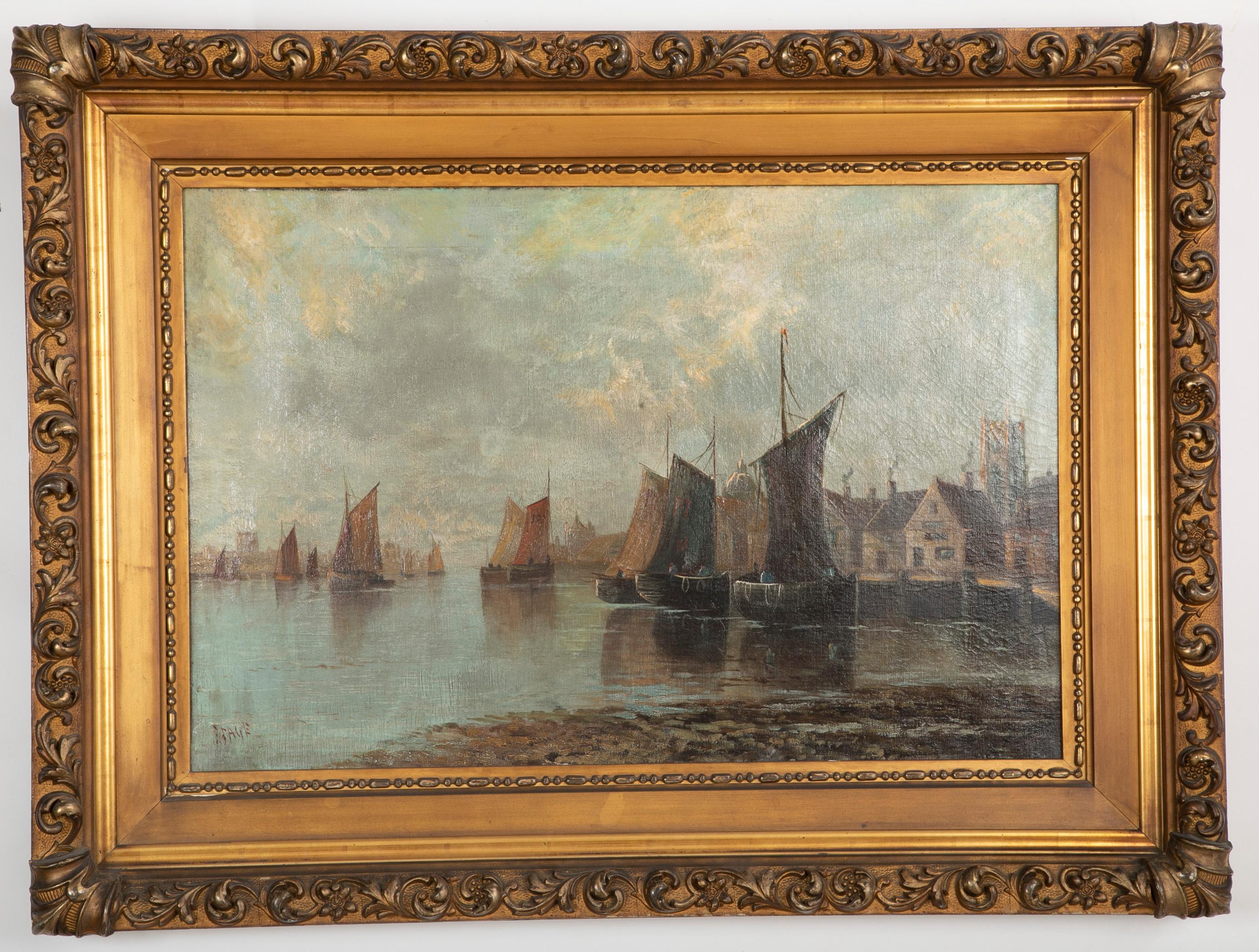 Une huile sur toile de scène portuaire par J. Bage.