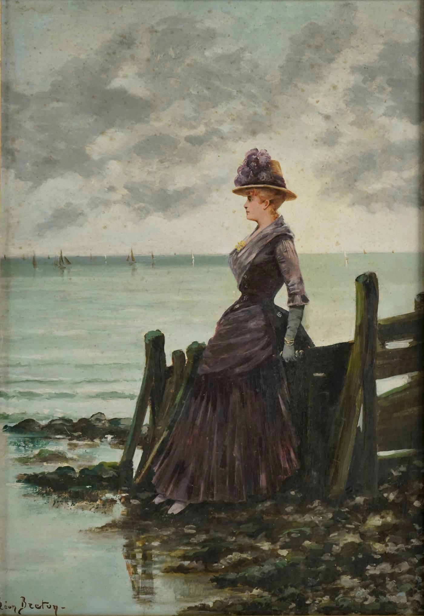 Oil on canvas painting by Leon Breton. “Elegant woman at the ocean side”, circa 1900.
Measures: toile: H 60cm, L 41cm
cadre: H 78cm, L 60cm.