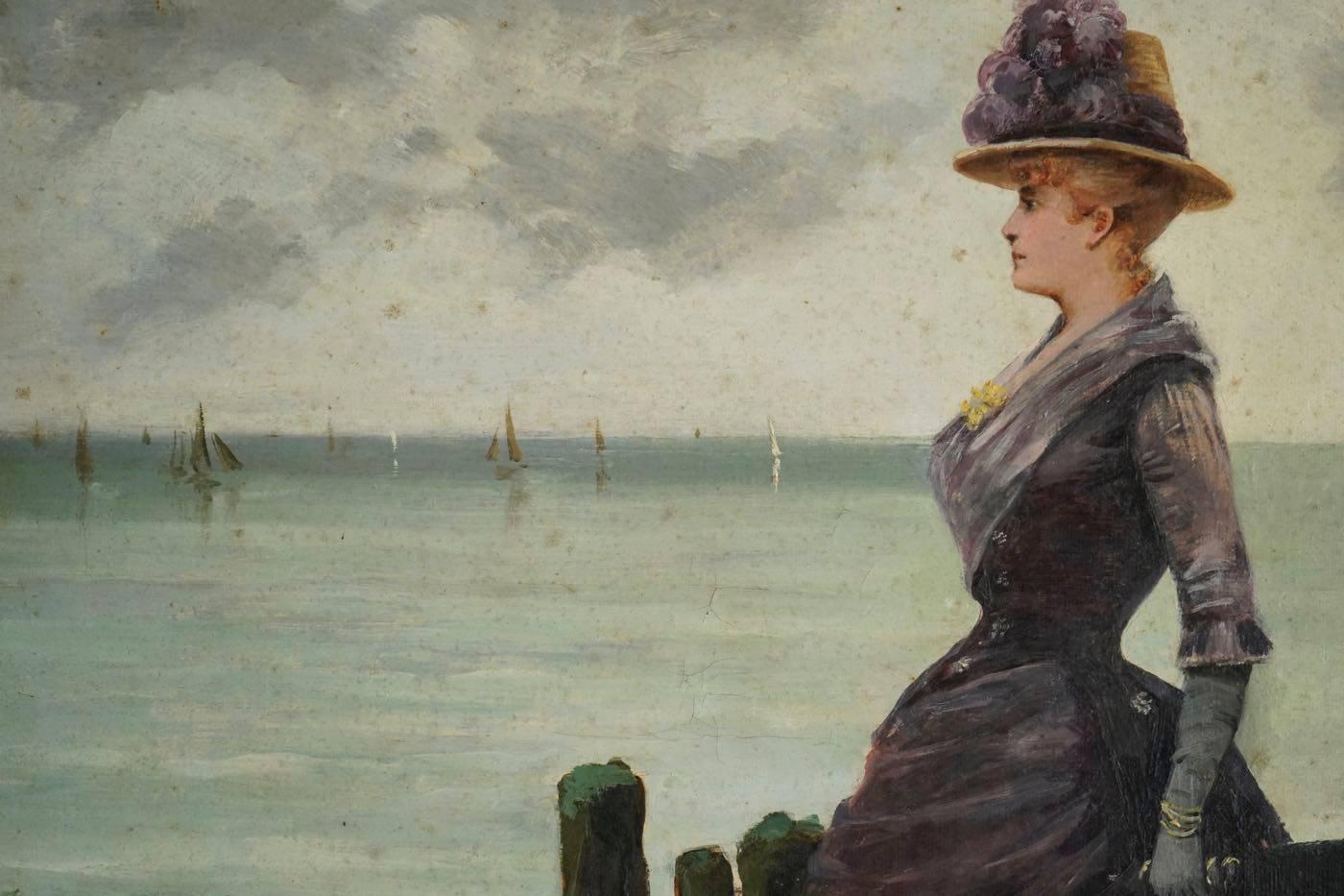 Romantic Oil on Canvas Painting by Leon Breton, “Elegant Woman at the Ocean Side”