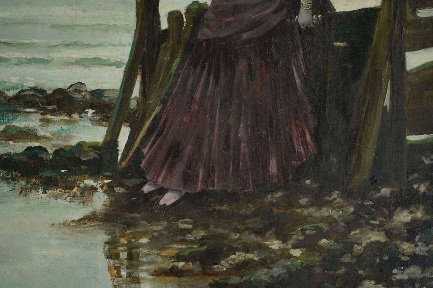 French Oil on Canvas Painting by Leon Breton, “Elegant Woman at the Ocean Side”