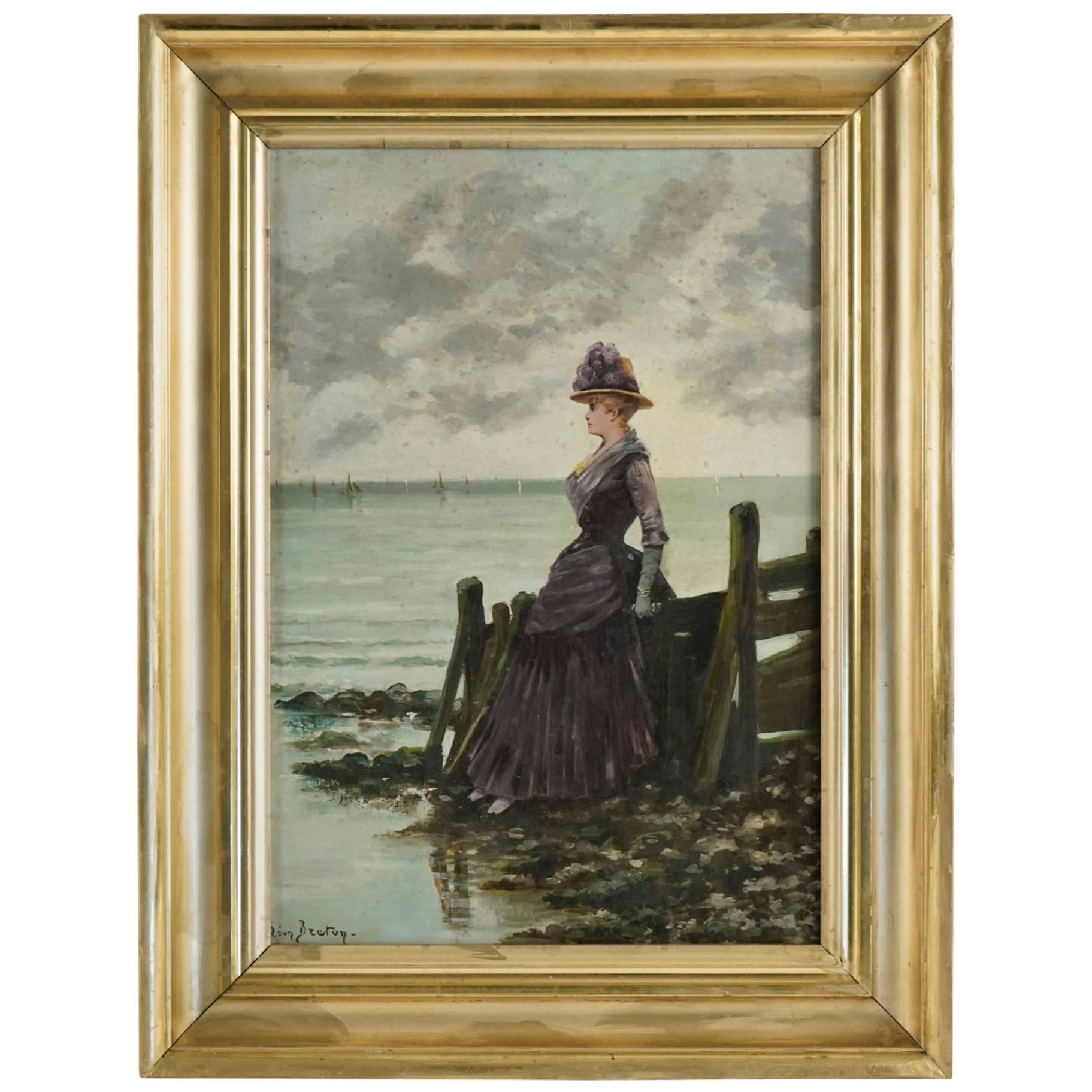 Oil on Canvas Painting by Leon Breton, �“Elegant Woman at the Ocean Side”