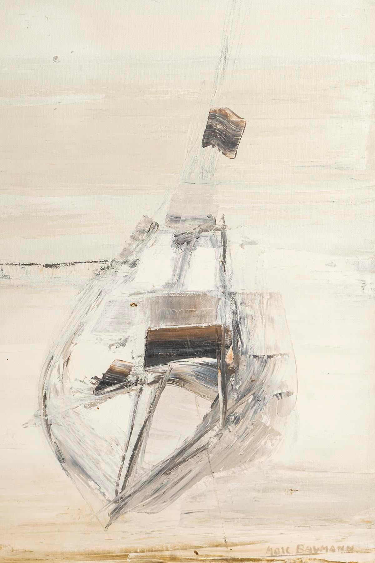 Oil on canvas painting by Marc Baumann depicting a boat, 20th century.

Oil on canvas painting from the 20th century by Marc Baumann depicting a boat.
Frame: H: 67cm, W: 44cm, D: 3cm
Painting: H: 61cm, W: 38cm