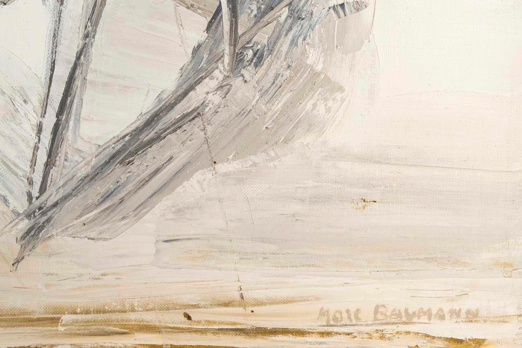 Mid-Century Modern Oil on Canvas Painting by Marc Baumann Depicting a Boat, 20th Century. For Sale