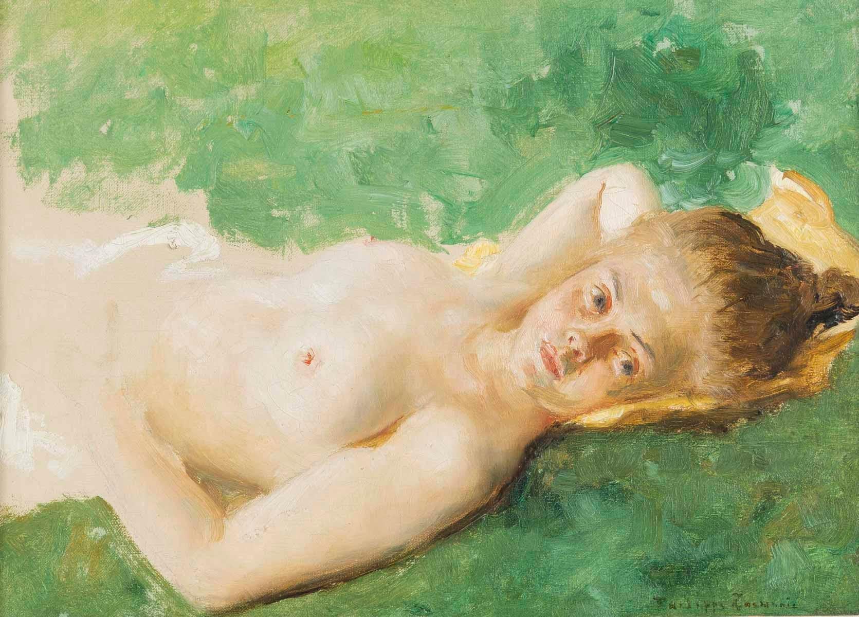 Oil on canvas, painting by Philippe Zacharie (1849-1915).

Painting, oil on canvas representing a nude study, woman lying in the grass by Philippe Zacharie (1849-1915).
Painting: H: 23cm, W: 31.5cm
Frame: H: 37, W: 46, D: 3cm