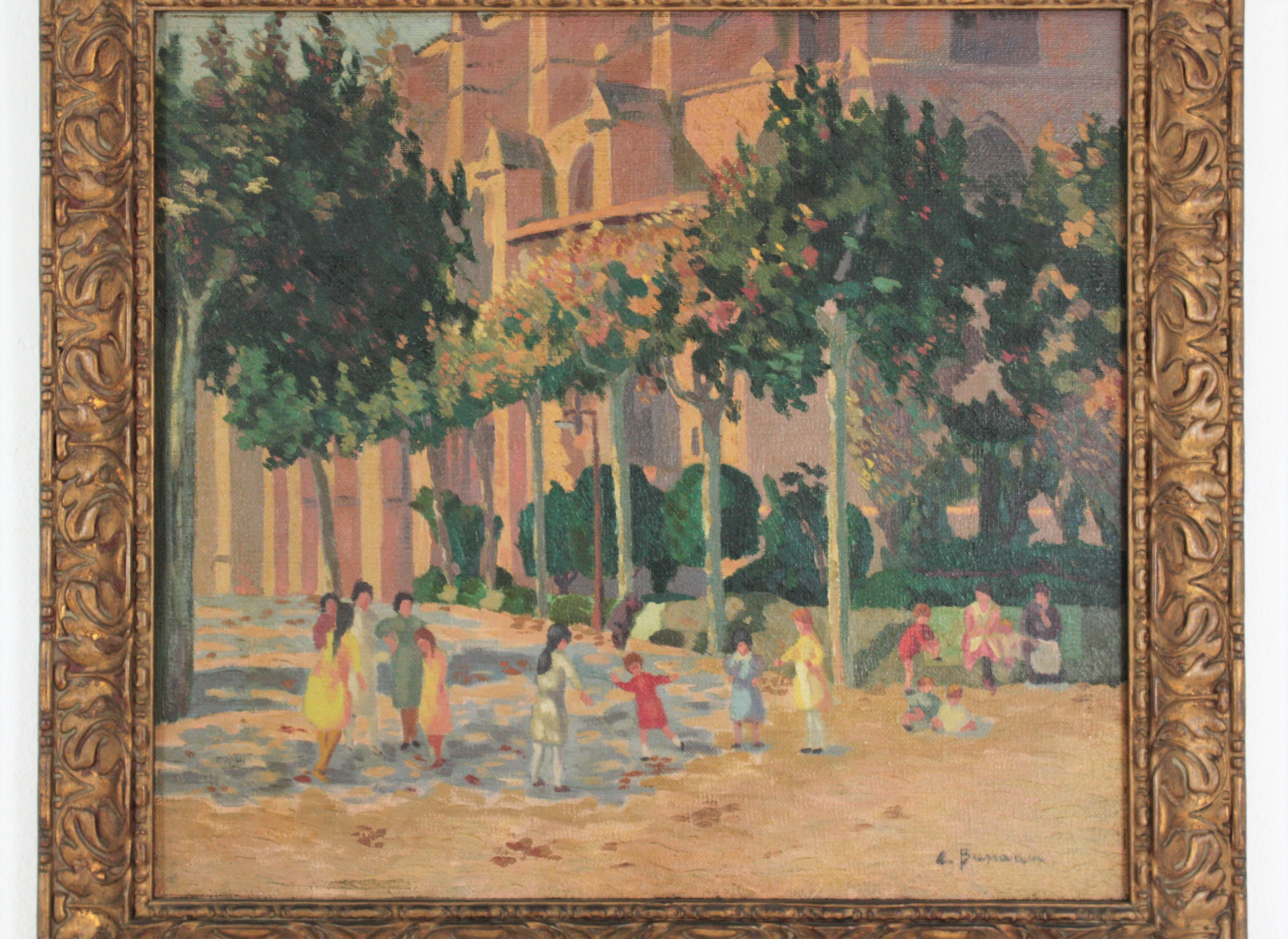 A colorful oil on canvas representing a group of children playing in a garden area near a Cathedral. Framed by a carved giltwood frame with foliage details.
Signed on the bottom left corner.
Illegelible signature
Spain, 1940s-1950s.
Overall