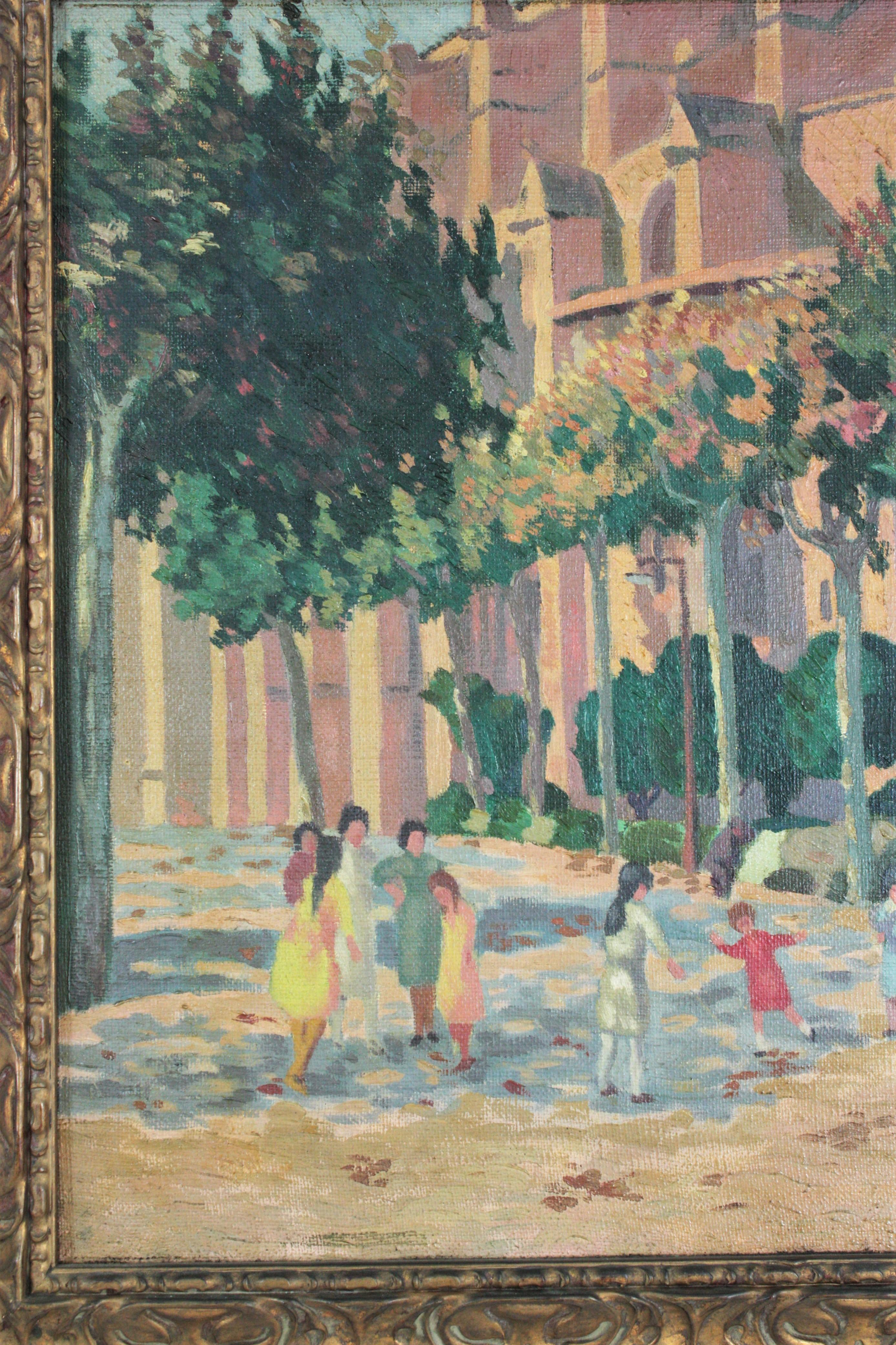 Mid-Century Modern Oil on Canvas Painting, Children Playing, 1940s For Sale