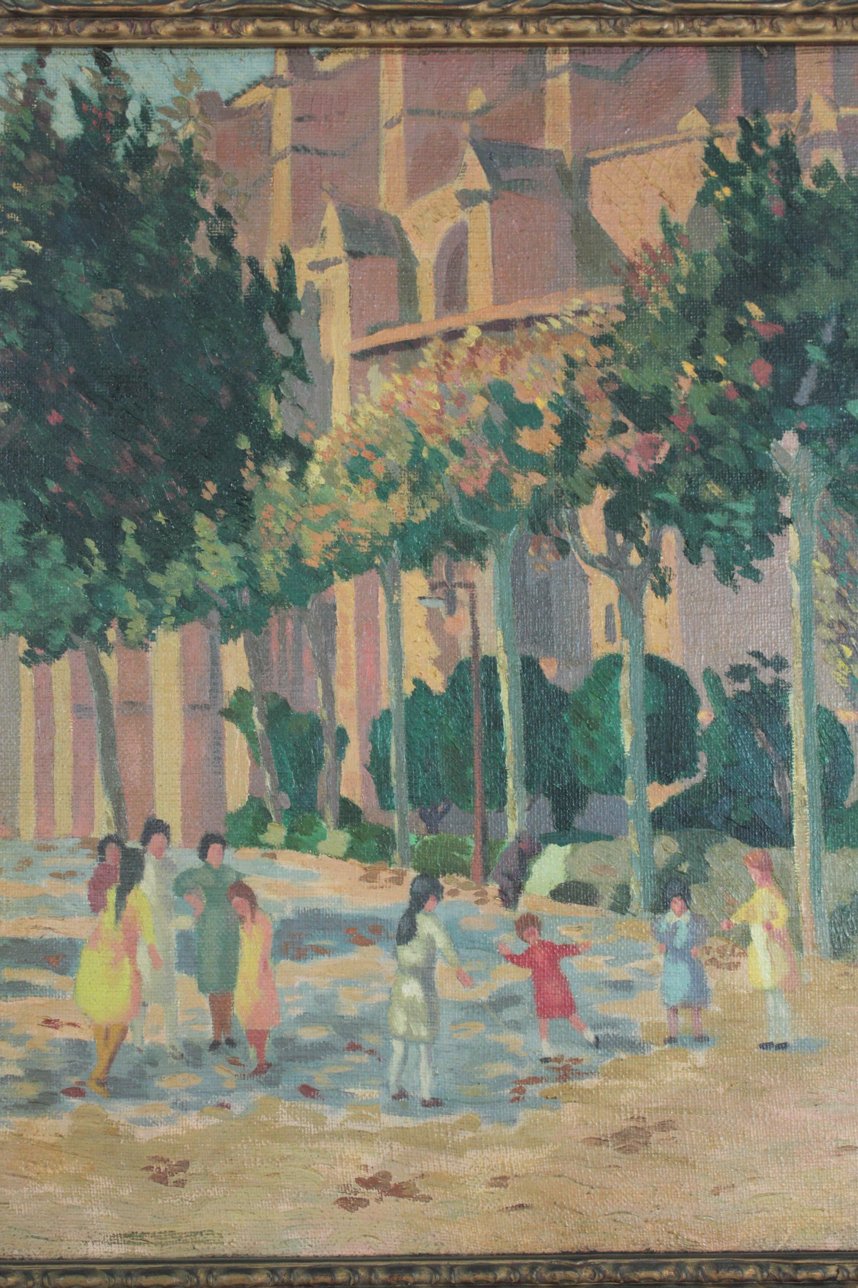 Spanish Oil on Canvas Painting, Children Playing, 1940s For Sale