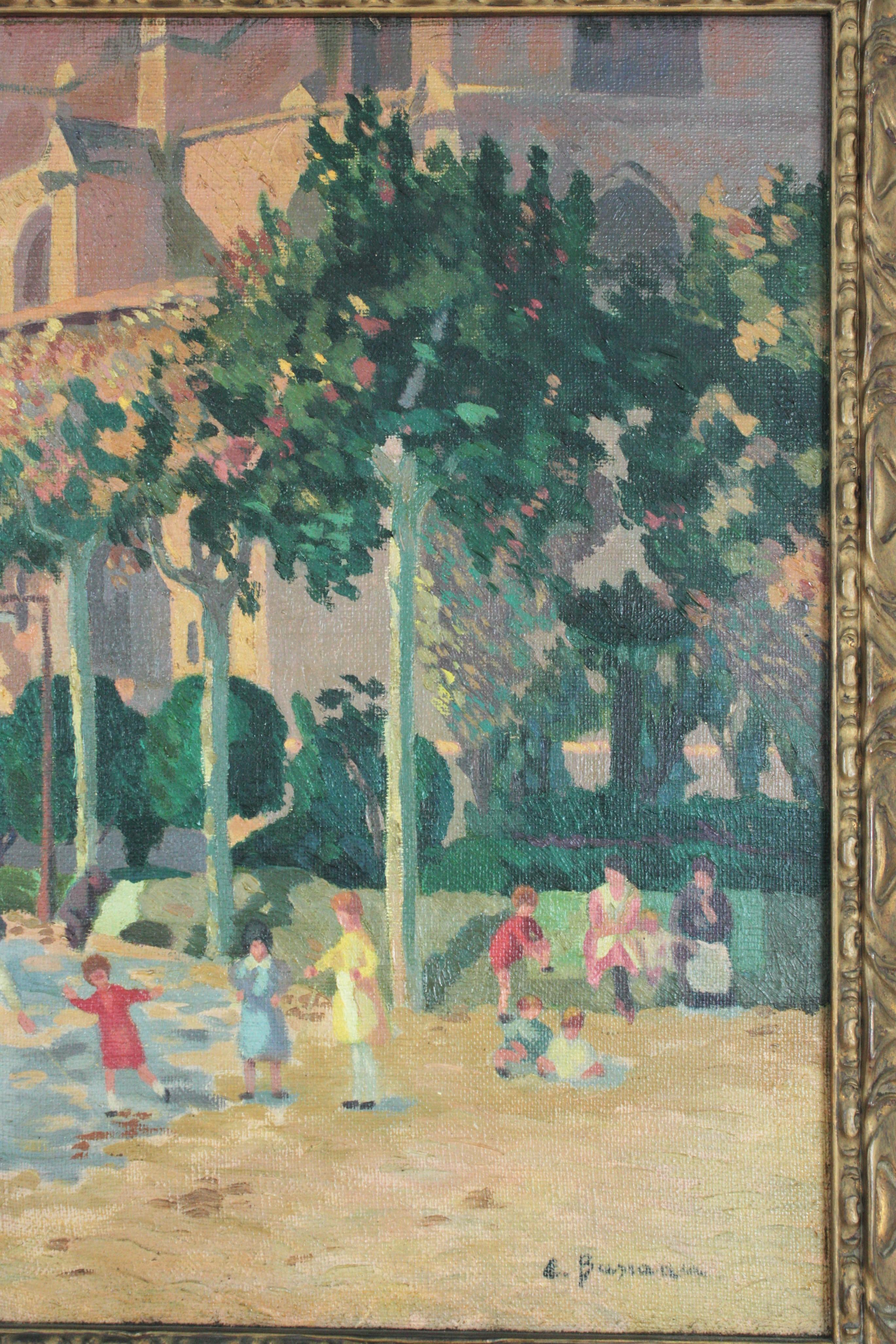 Carved Oil on Canvas Painting, Children Playing, 1940s For Sale