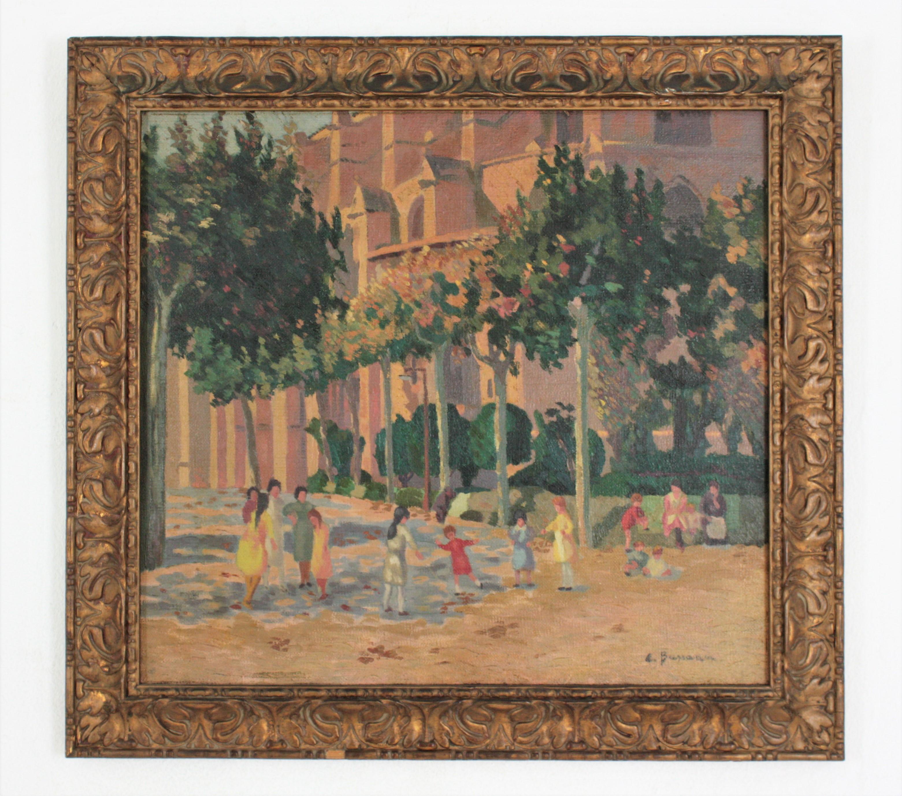 Wood Oil on Canvas Painting, Children Playing, 1940s For Sale