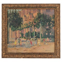 Oil on Canvas Painting, Children Playing, 1940s