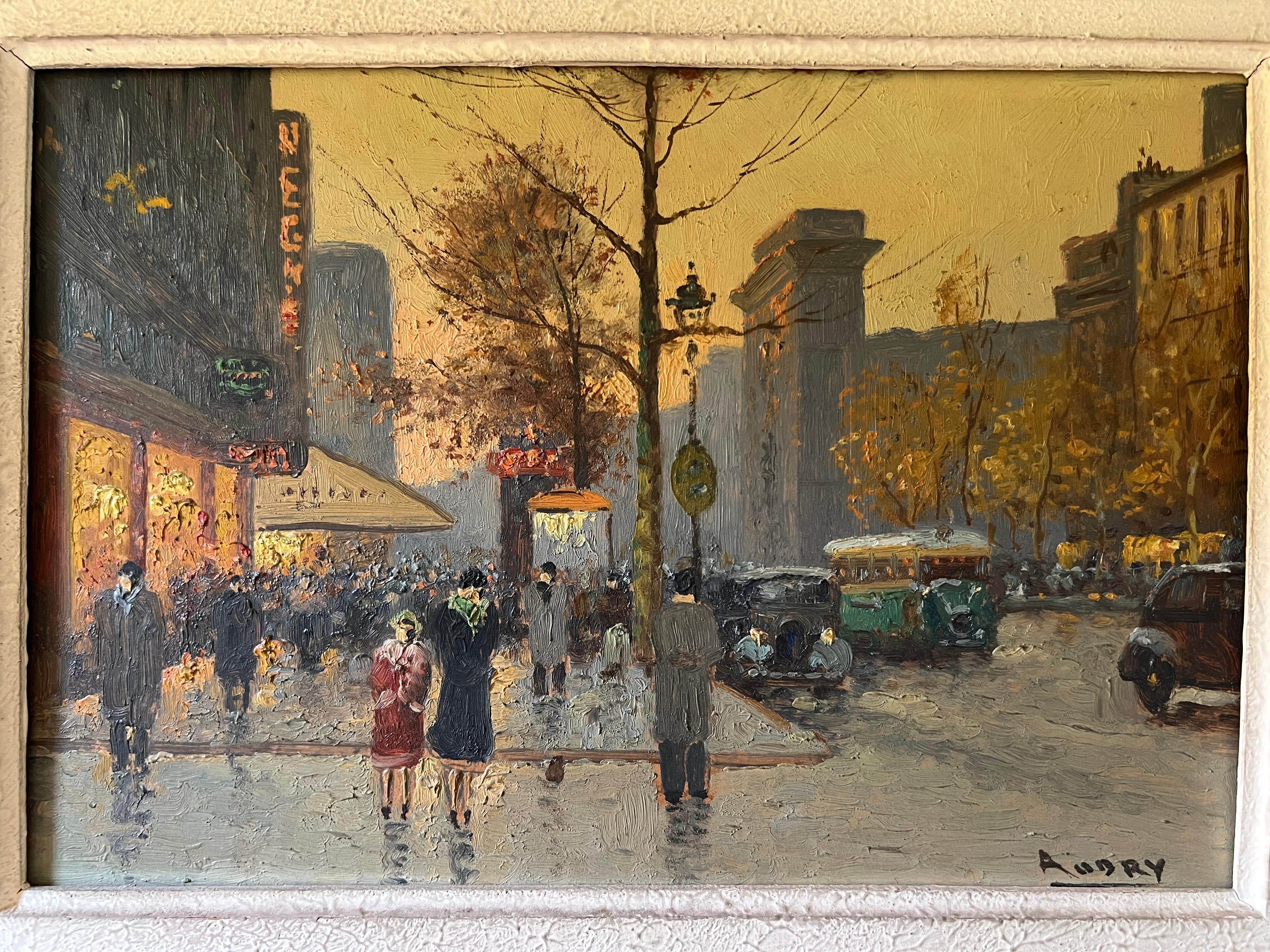 Art déco Huile sur toile représentant une vue de Paris dans le cadre de Montparnasse par Audry en vente