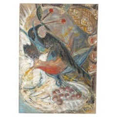 Oil on Canvas, Painting Depicting Birds in a Fruit Tree, 20th Century.