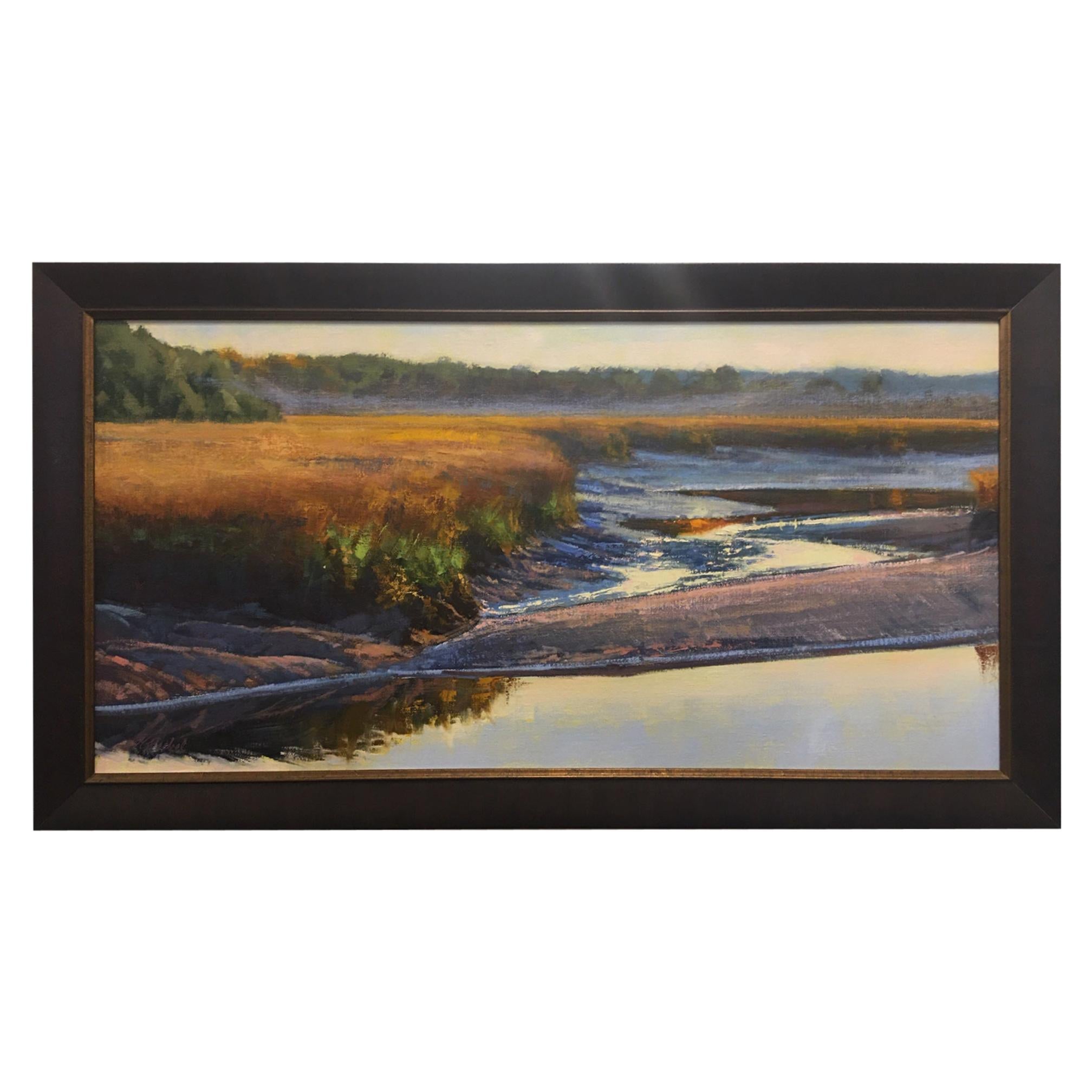 Oil on Canvas Painting "Falling Tide Huspah Creek" Marsh Scene, Michael Reibel