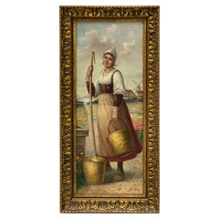 Oil on Canvas Painting, Girl at Well by Anton Telser
