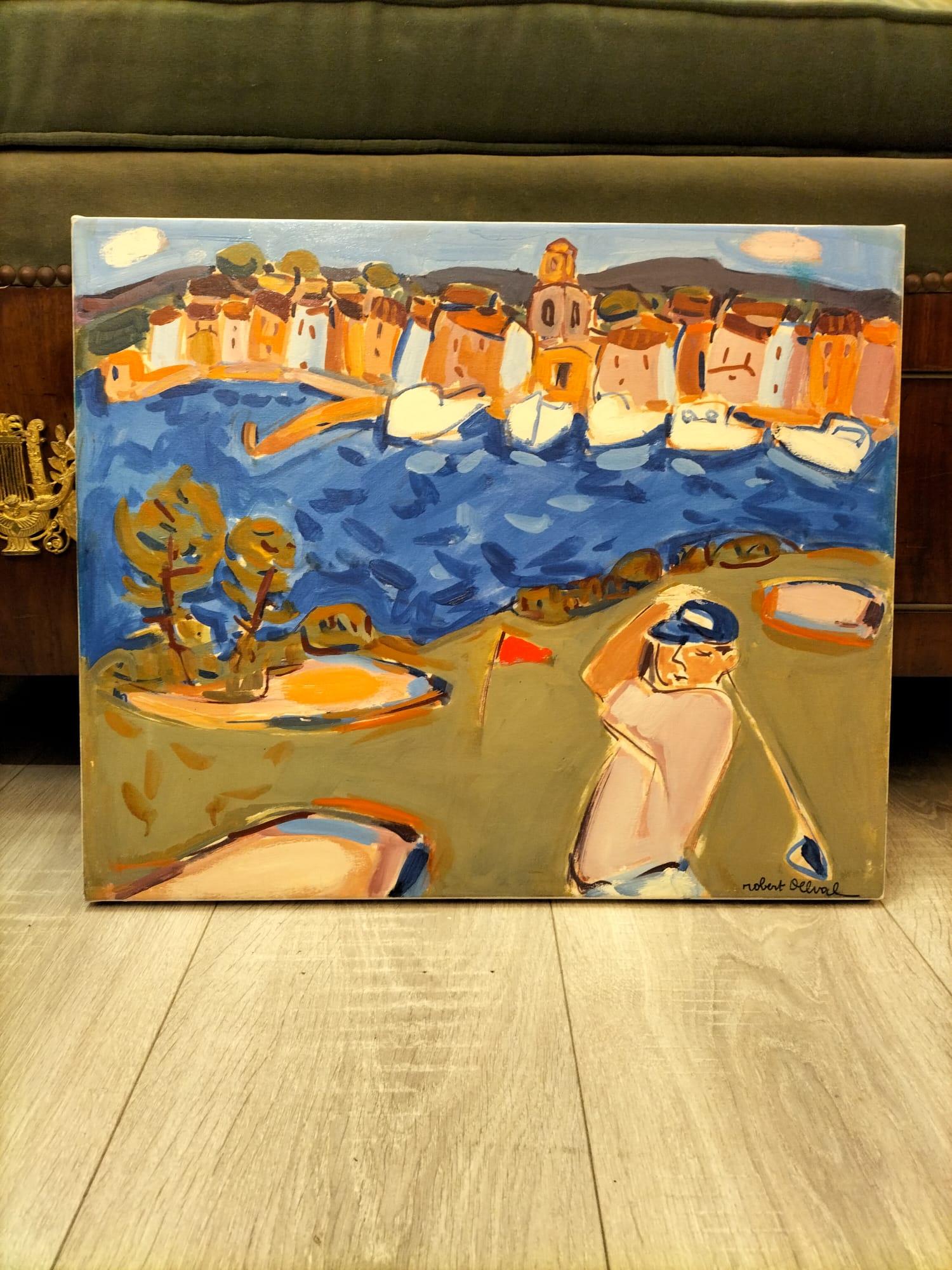 We present you with this wonderful artwork, titled 'Golf in Saint Tropez'. It is an oil painting on canvas and signed by the artist, Robert Delval (1934-). It dates back to 2007, making it a contemporary piece. The artist's playful use of colours,