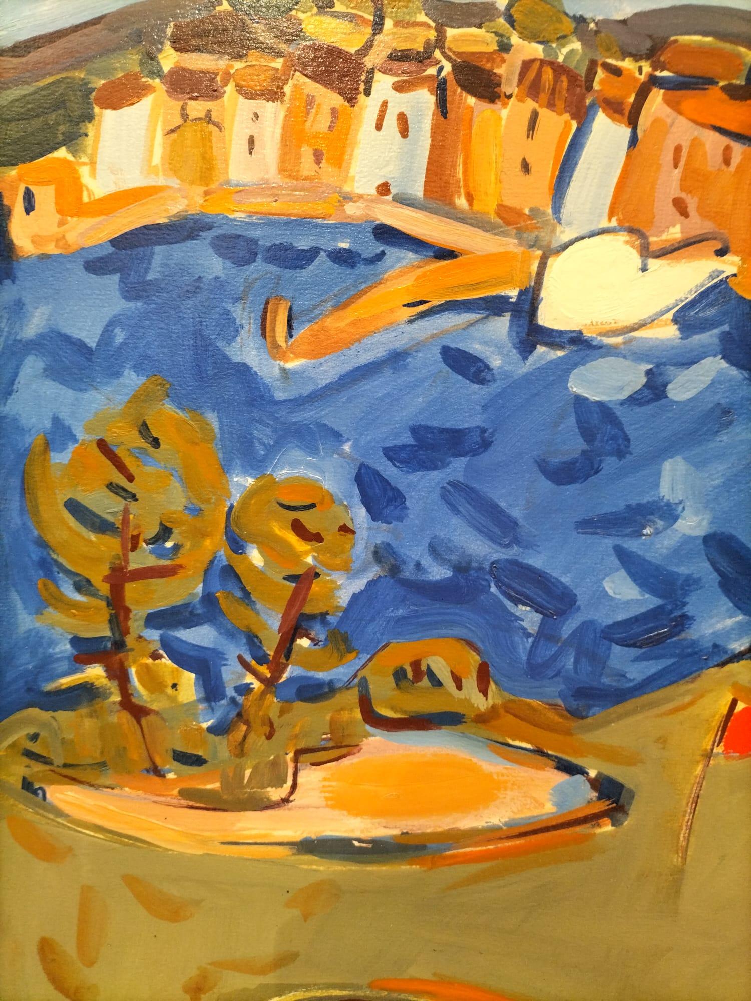 Moderne Peinture à l'huile sur toile Golf in Saint Tropez par Robert Delval (1934-) en vente