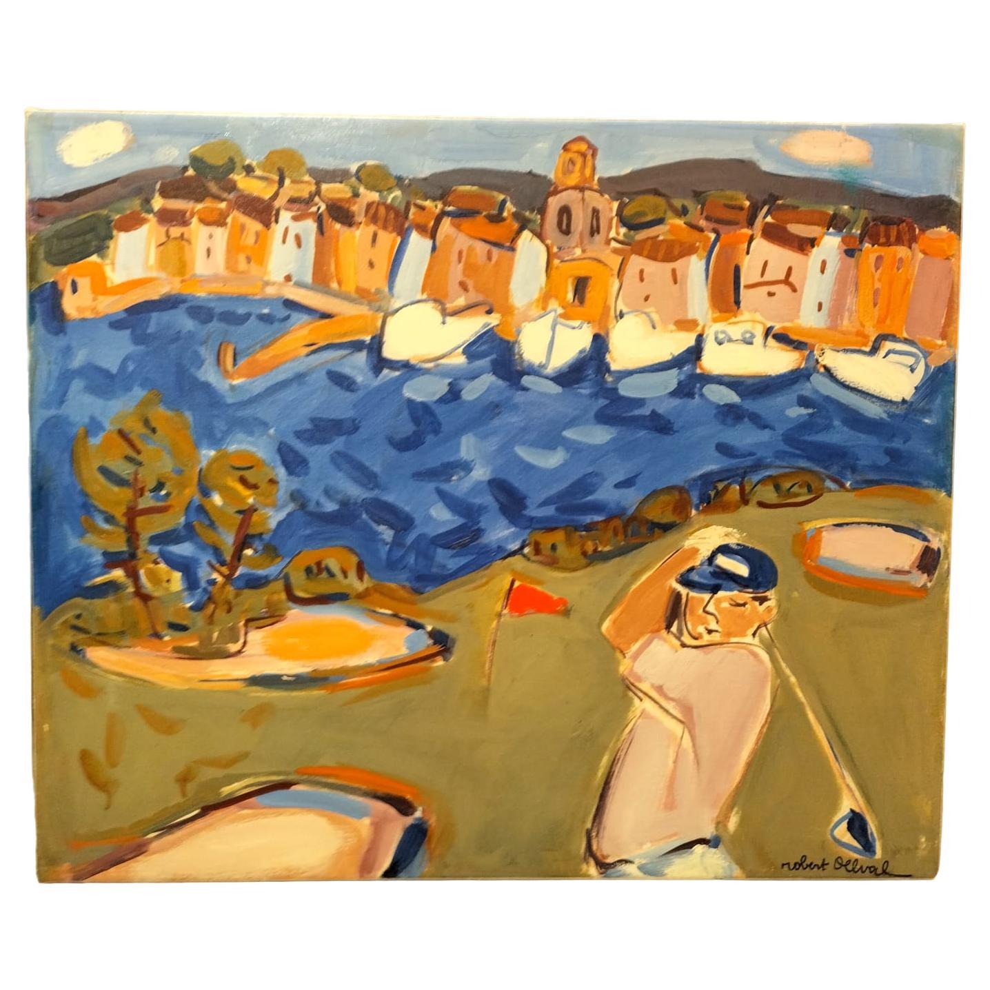 Oil-on-Canvas Painting 'Golf in Saint Tropez' by Robert Delval (1934-) For Sale