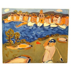 Antique Oil-on-Canvas Painting 'Golf in Saint Tropez' by Robert Delval (1934-)