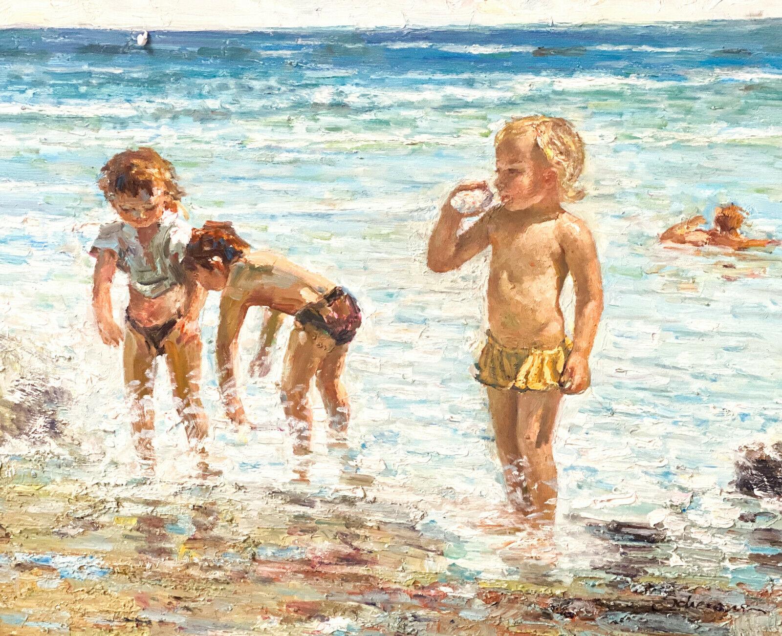 Peinture à l'huile sur toile - Scène de plage impressionniste américaine

Le tableau représente trois enfants jouant dans l'océan. Signature d'un artiste inconnu en bas à droite. Dans un cadre en bois sculpté et doré à la feuille et à la
