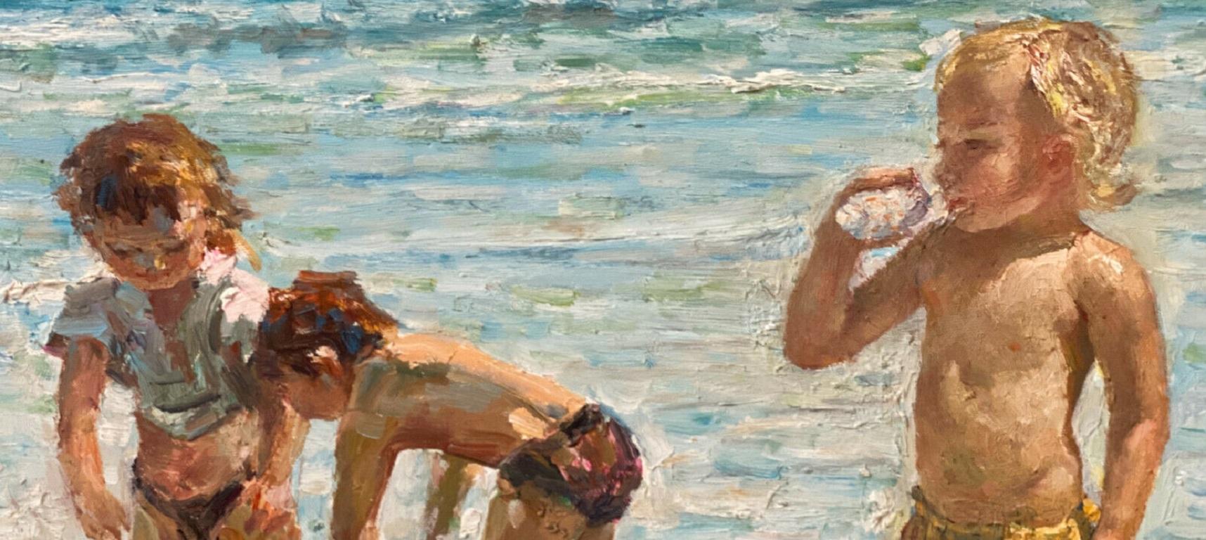 20ième siècle Peinture à l'huile sur toile - Scène de plage américaine impressionniste