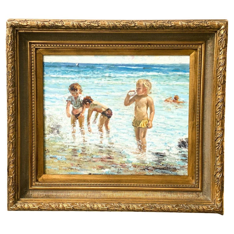 Oil on Canvas Painting Impressionist American Beach Scene For Sale at
